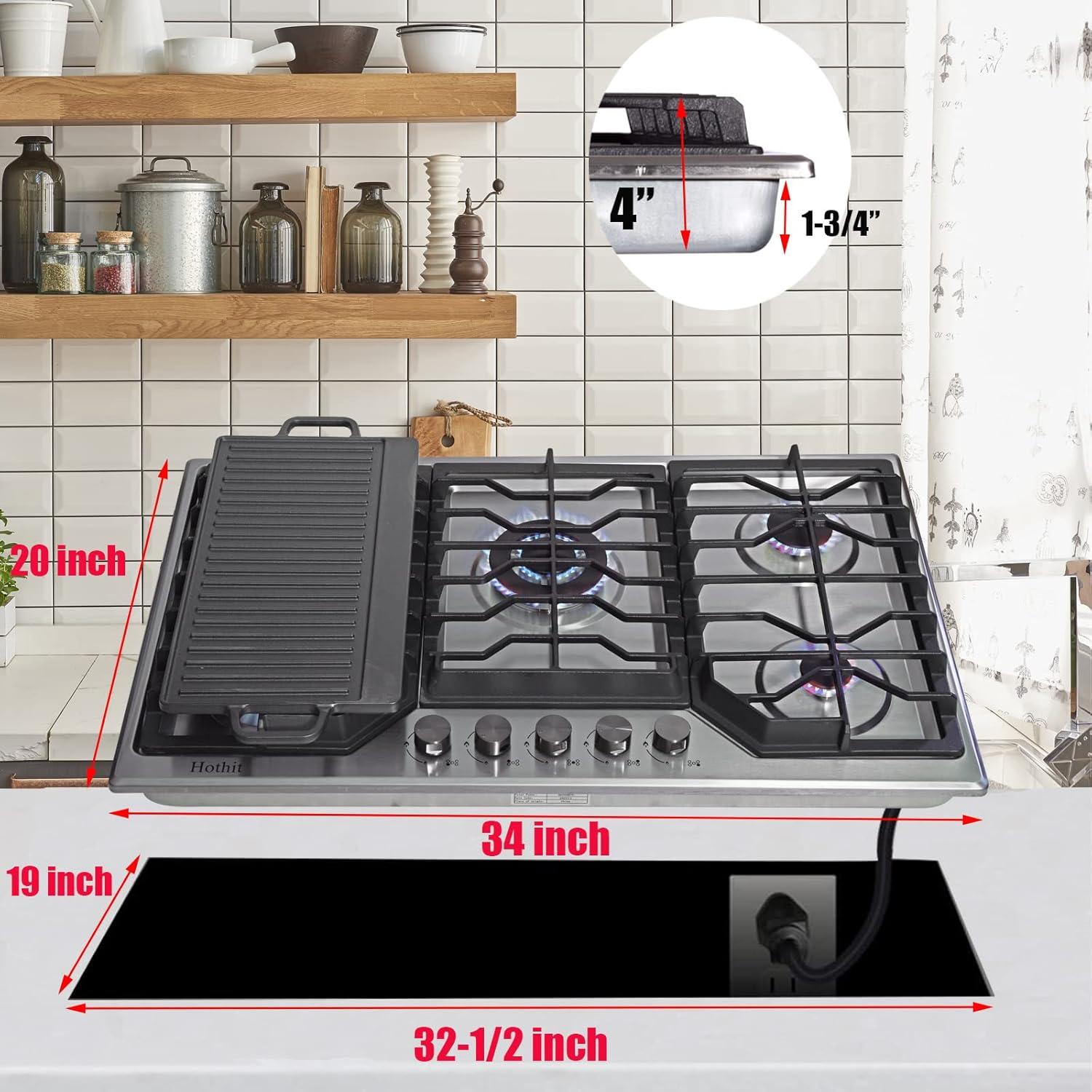 34 Inch Stainless Steel 5 Burner Gas Cooktop with Griddle