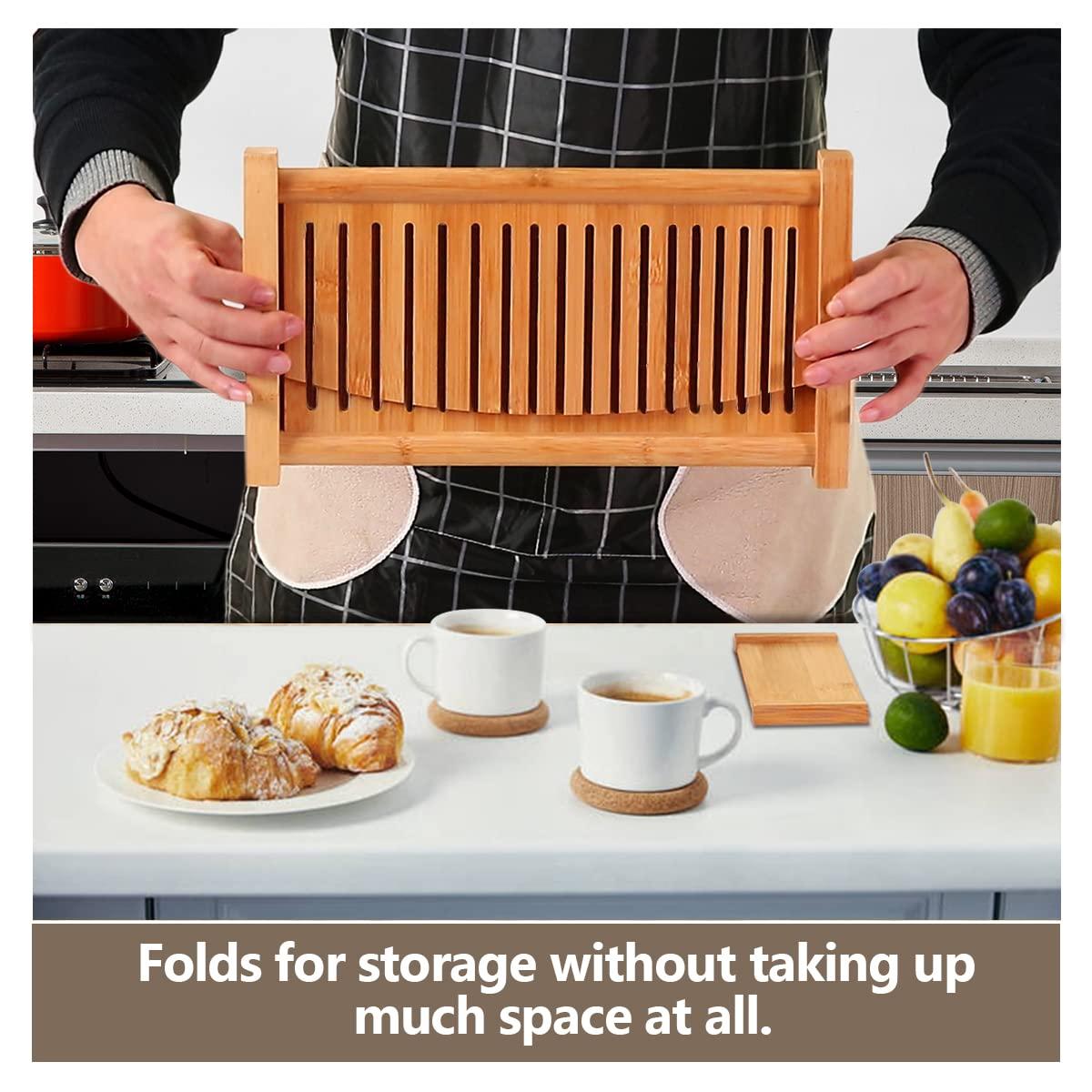 Premium Bamboo Bread Slicer for Homemade Bread, Crumb Catcher, Foldable and Compact Loaf Cutter 3 Size Slicing Guide