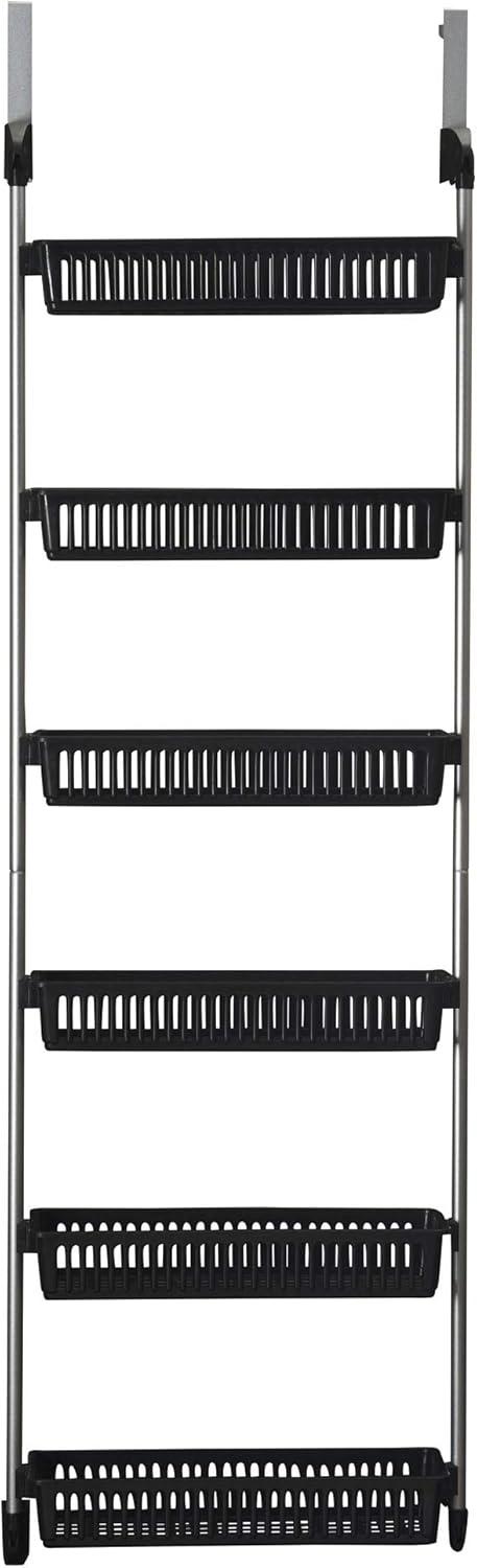 Household Essentials Over the Door Storage Rack, 6 Basket Door Organizer, Great for Use in Pantry as Spice Rack, Black