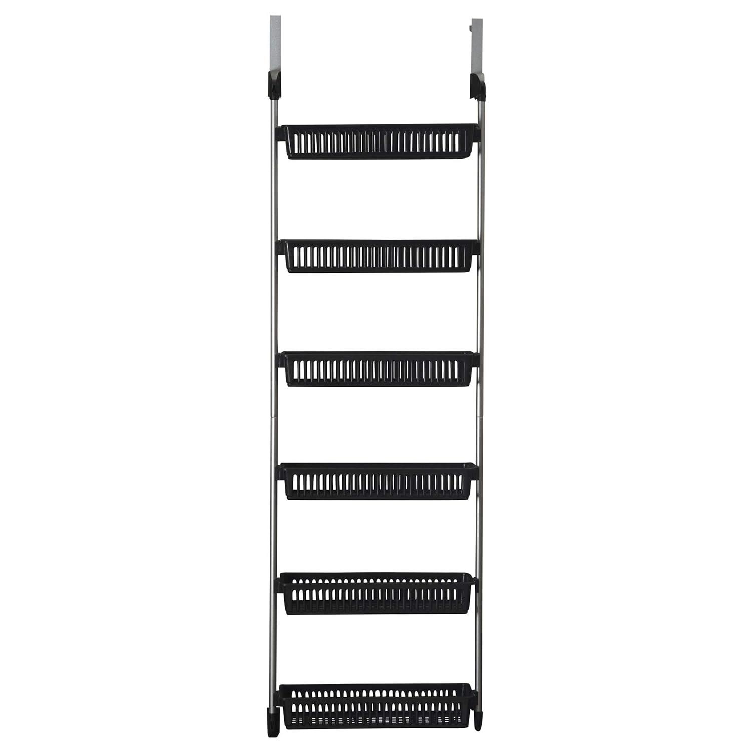 Household Essentials Over the Door Storage Rack, 6 Basket Door Organizer, Great for Use in Pantry as Spice Rack, Black