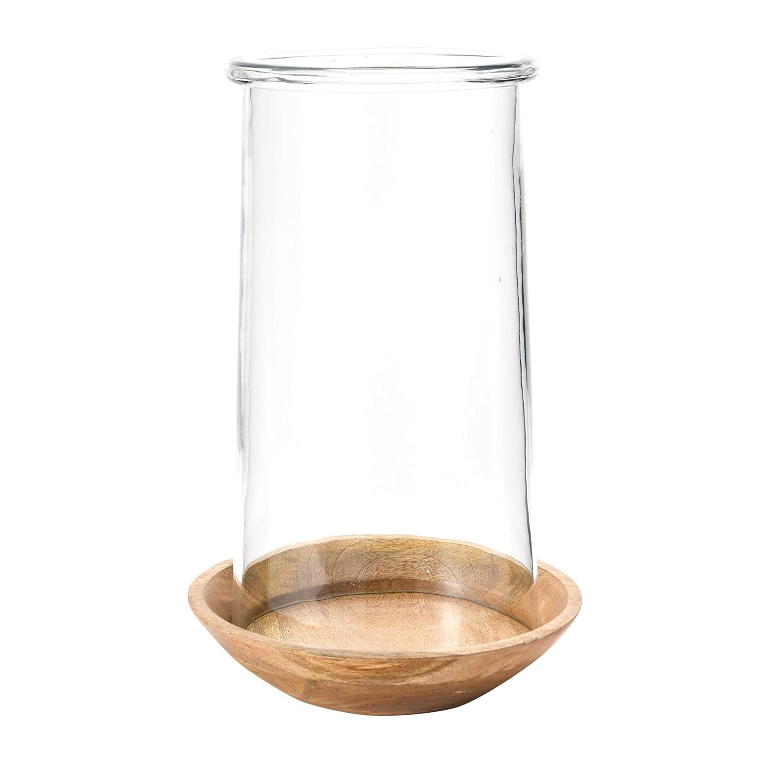 Elegant 15'' Clear Glass Hurricane Vase on Wooden Base
