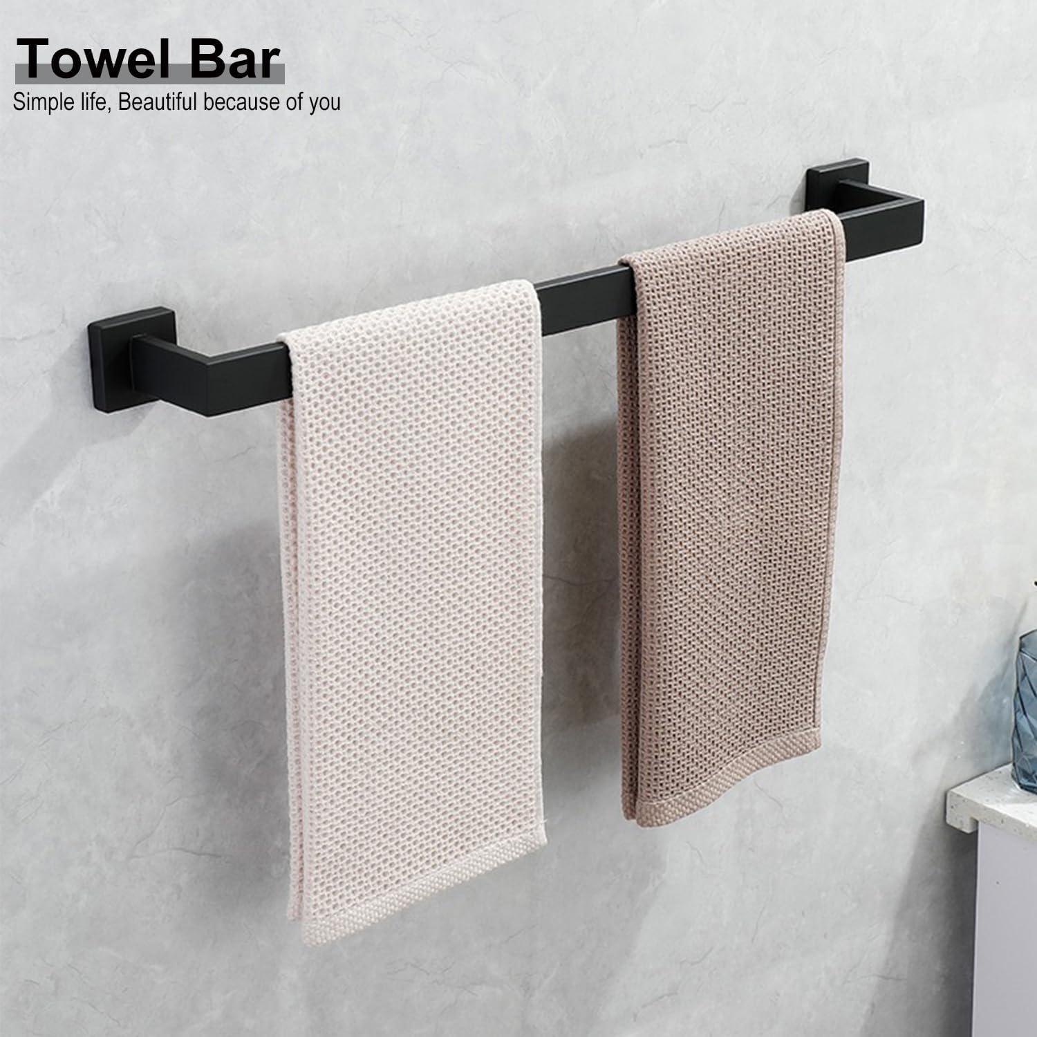 Black Towel Bar Set 5-Piece Bathroom Hardware Set,Square SUS304 Stainless Steel - 23.6 Inch Wall Mounted Towel Rack,Toilet Paper Holder,Towel Ring and Towel Hook