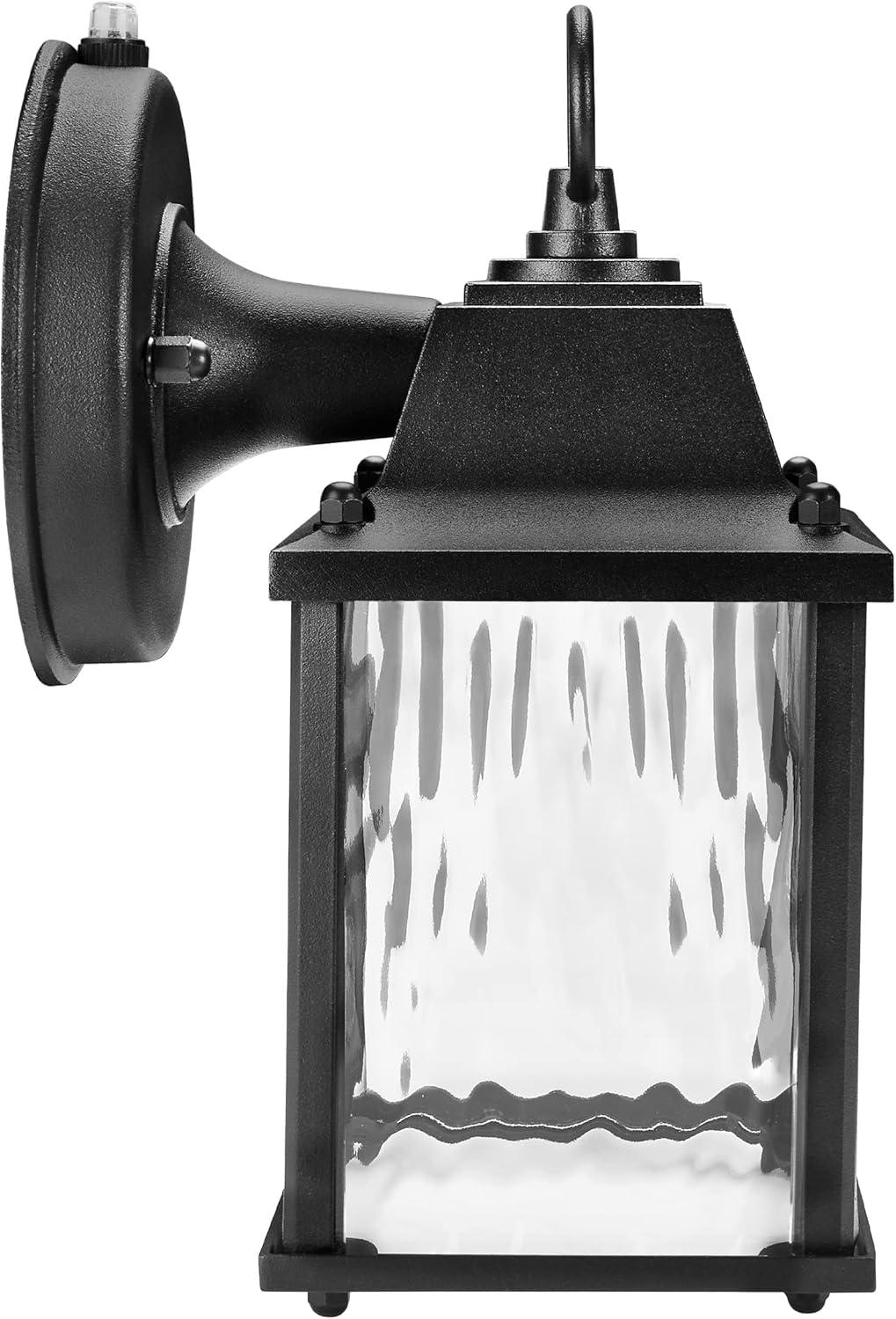 Maxxima LED Porch Lantern Outdoor Wall Light, Black with Clear Water Glass, Photocell Sensor, 650 Lumens, Dusk to Dawn Sensor, 3000K Warm White, Modern Exterior Patio Sconce Lantern