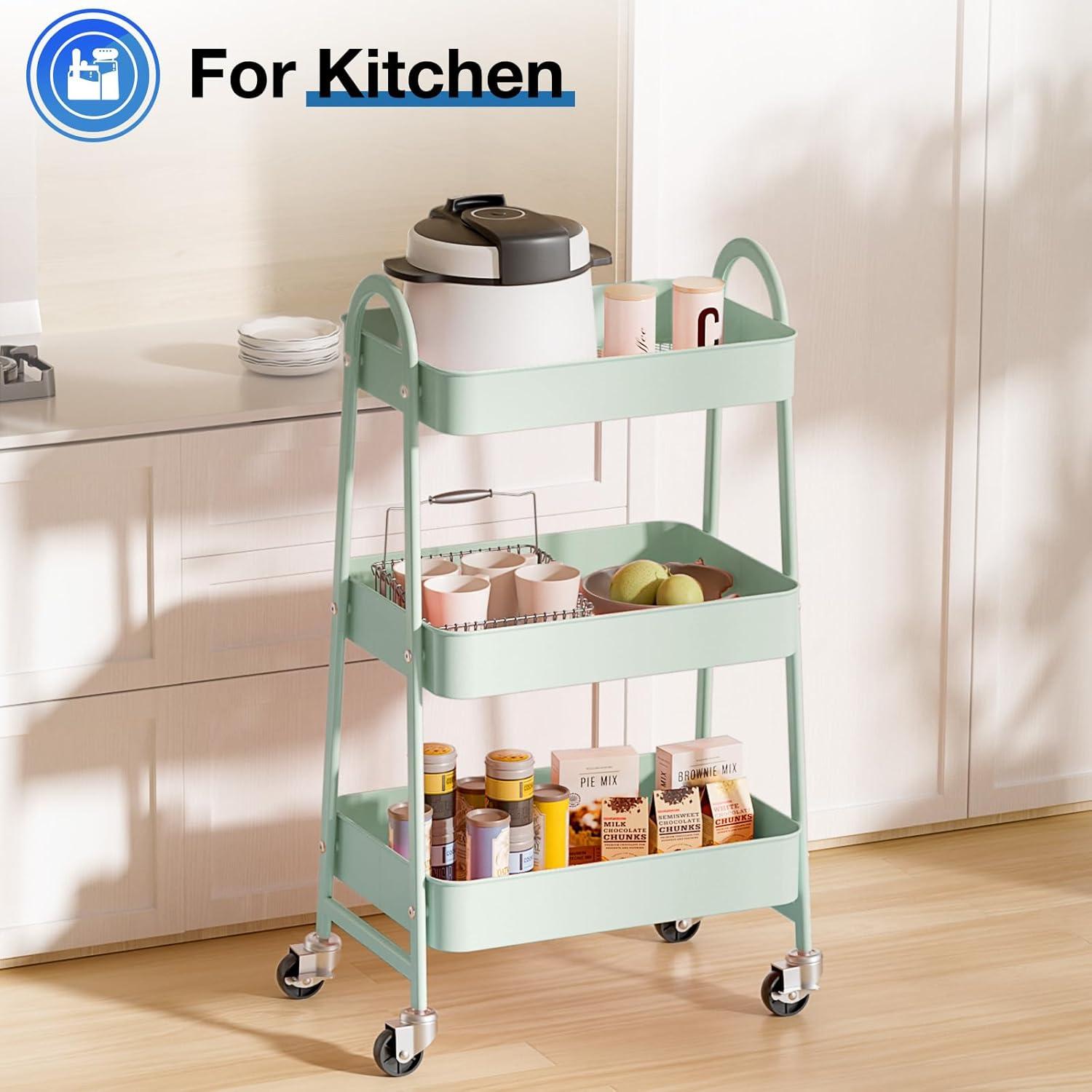 Green Metal 3-Tier Rolling Utility Cart with Lockable Wheels