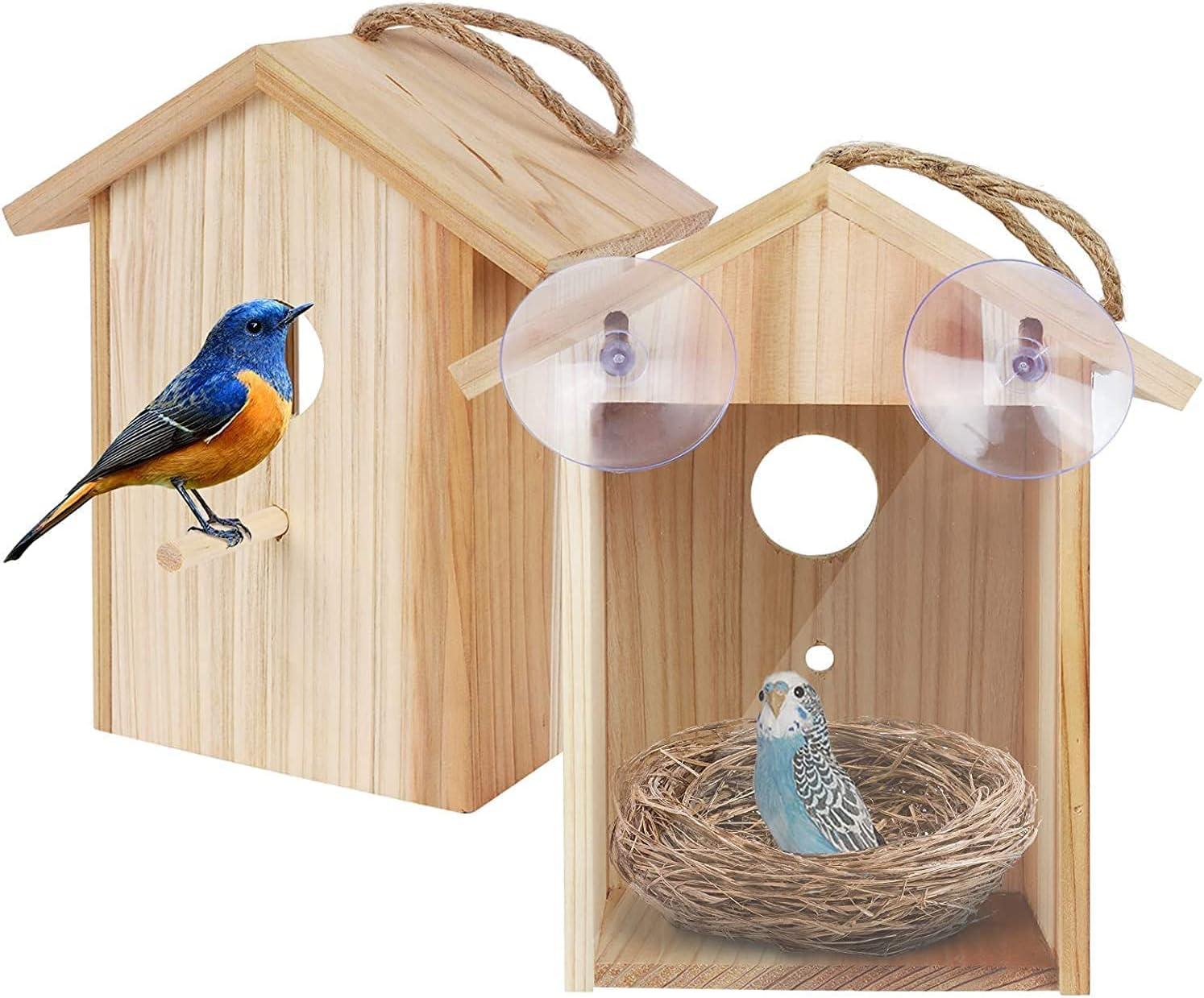 Transparent Wooden Birdhouse with Suction Cups and Lanyard