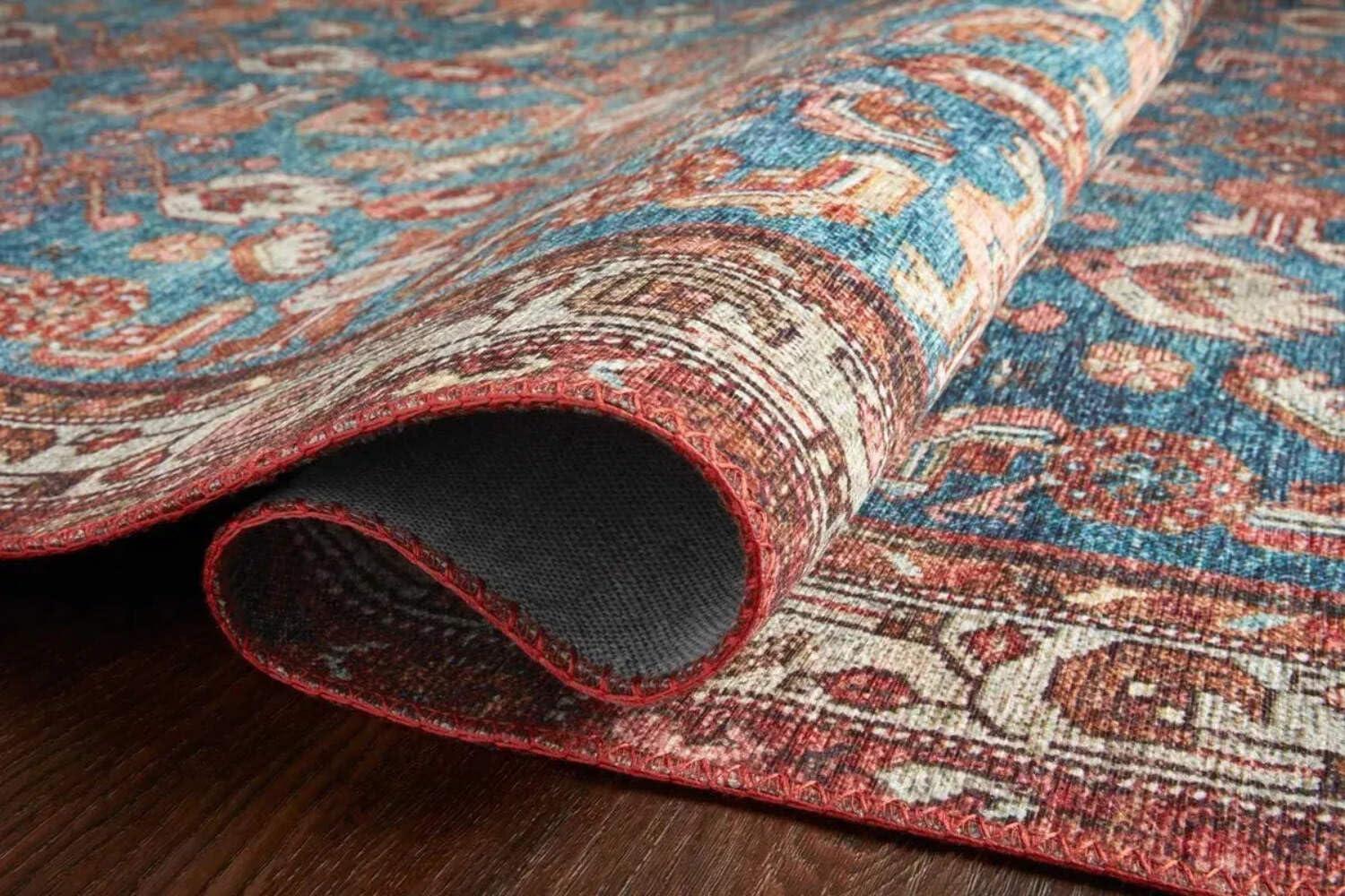 Blue and Clay Vintage Distressed Polyester Accent Rug