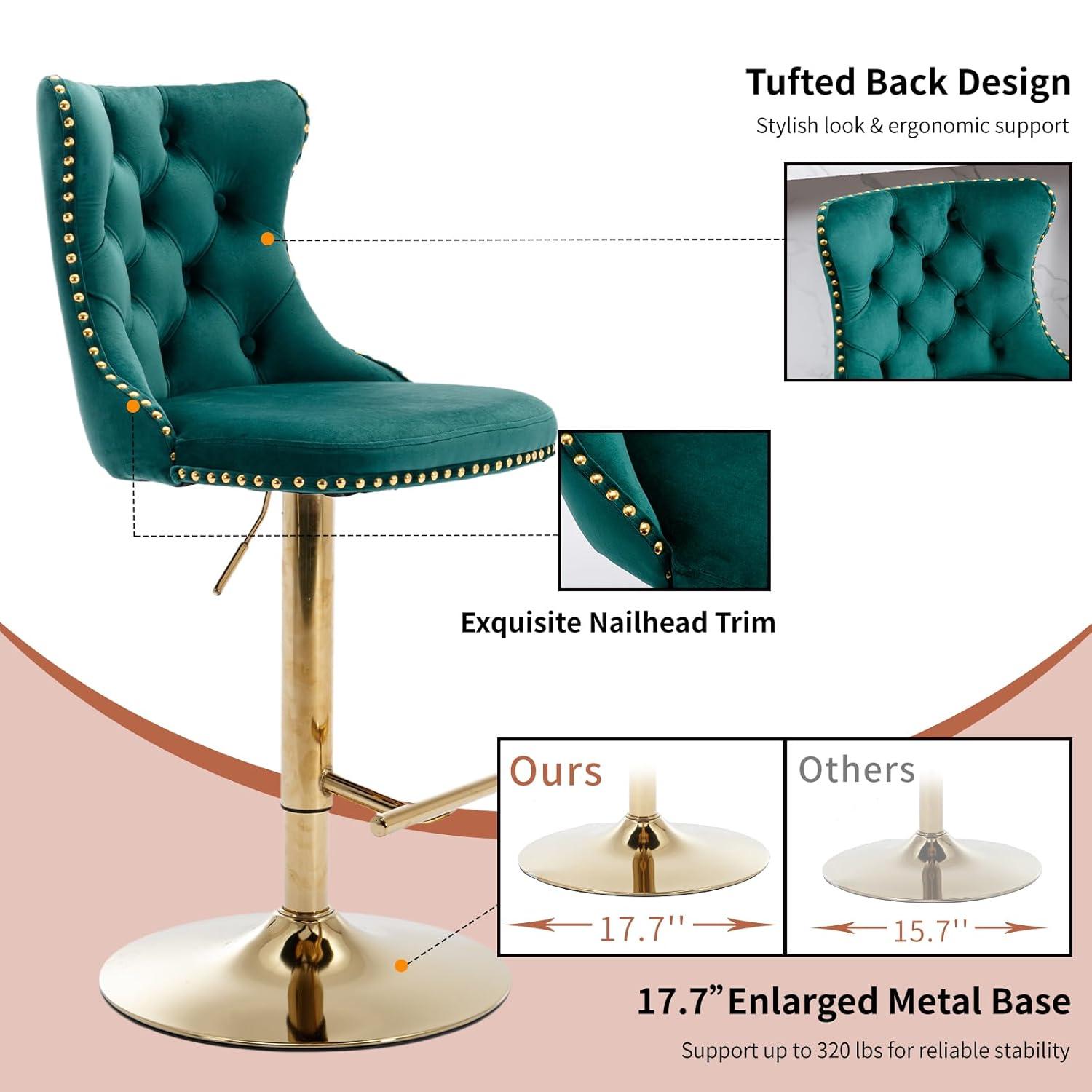 Swivel Counter Height Bar Stools Set of 2, Green Kitchen Island Barstools, Velvet Adjustable Bar Height Stool Chairs, Tufted Back, Gold Metal Base, Sillas para Barra de Cocina (Green, Velvet, 2 Pcs)