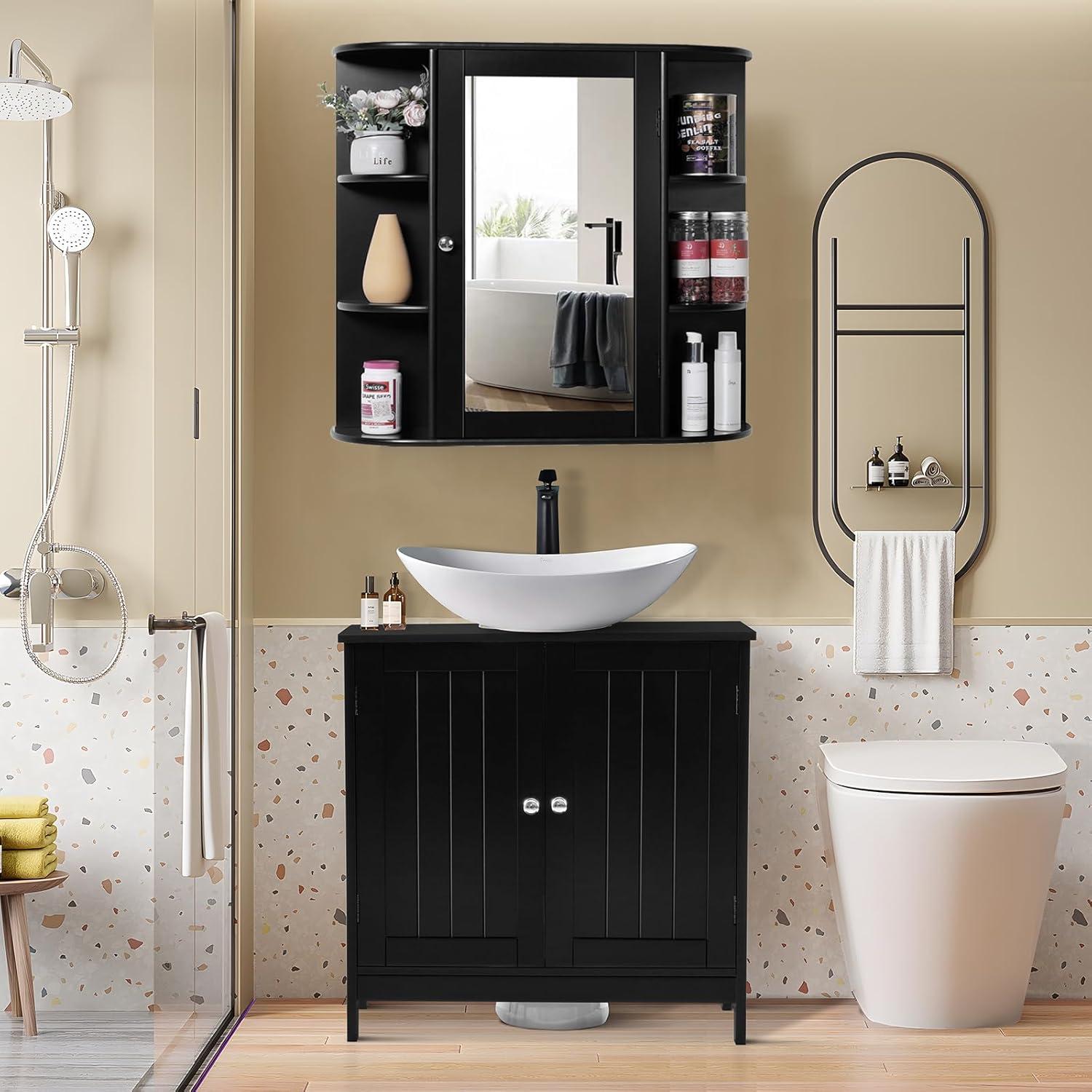 Wall Mounted Cabinet, Wood Hanging Cabinet with Doors and 6 Open Shelves for Placing Towels, Bathroom Wall Mirror Cabinet, White