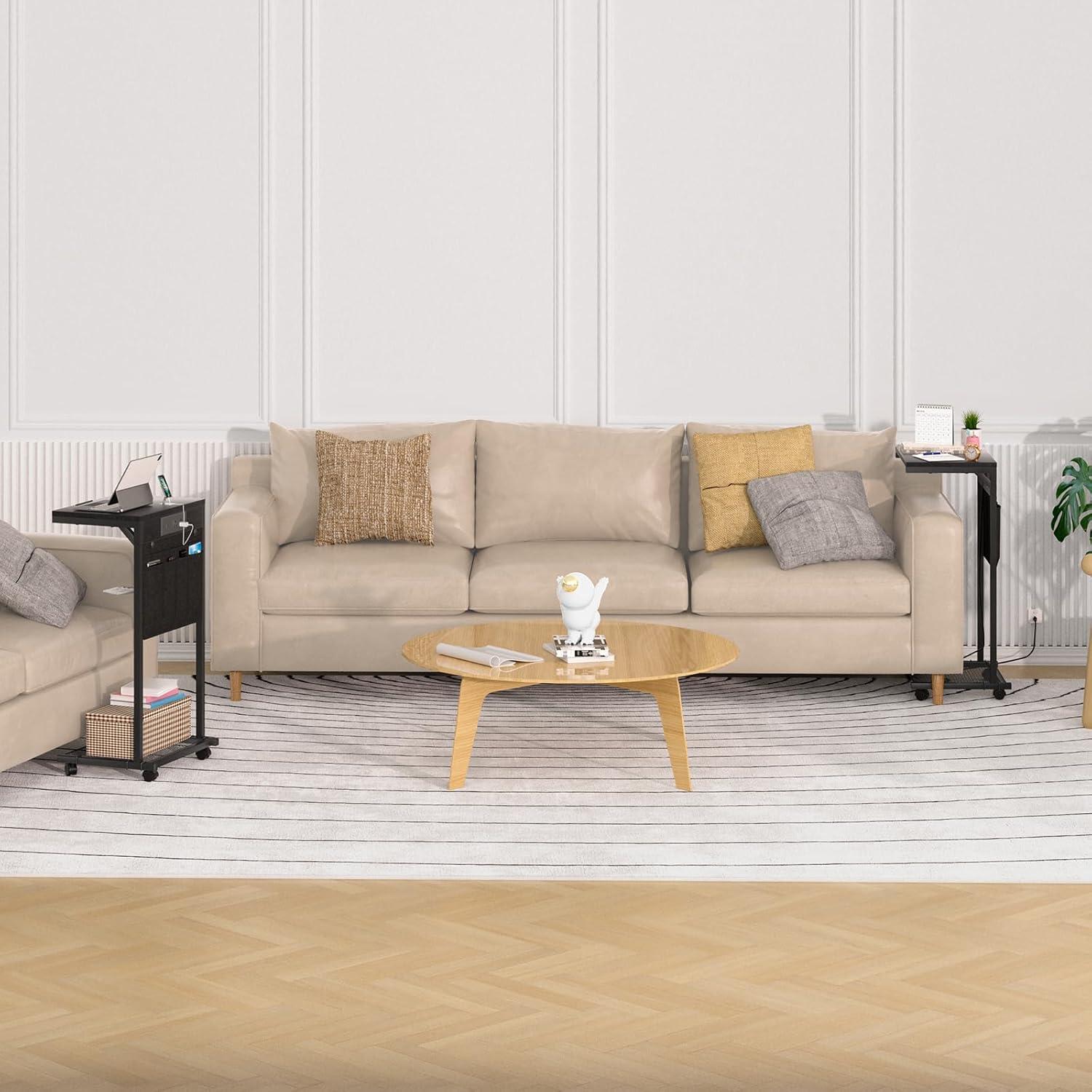 C-Shaped Side Table, Small End Table with Storage Bag, Couch Side Table with Sturdy Frame, Sturdy Slide Under Sofa Table, TV Tray Table for Living Room, Bedroom, Rustic Brown and Black BF40SF01
