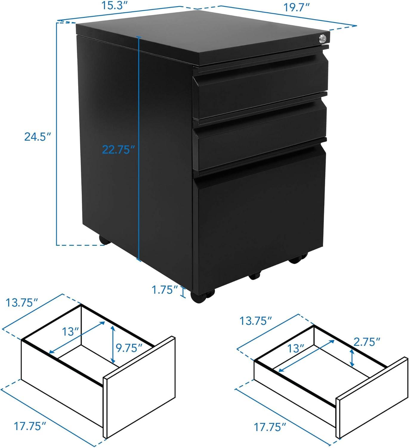 Black Mobile 3 Drawer Lockable Pedestal File Cabinet