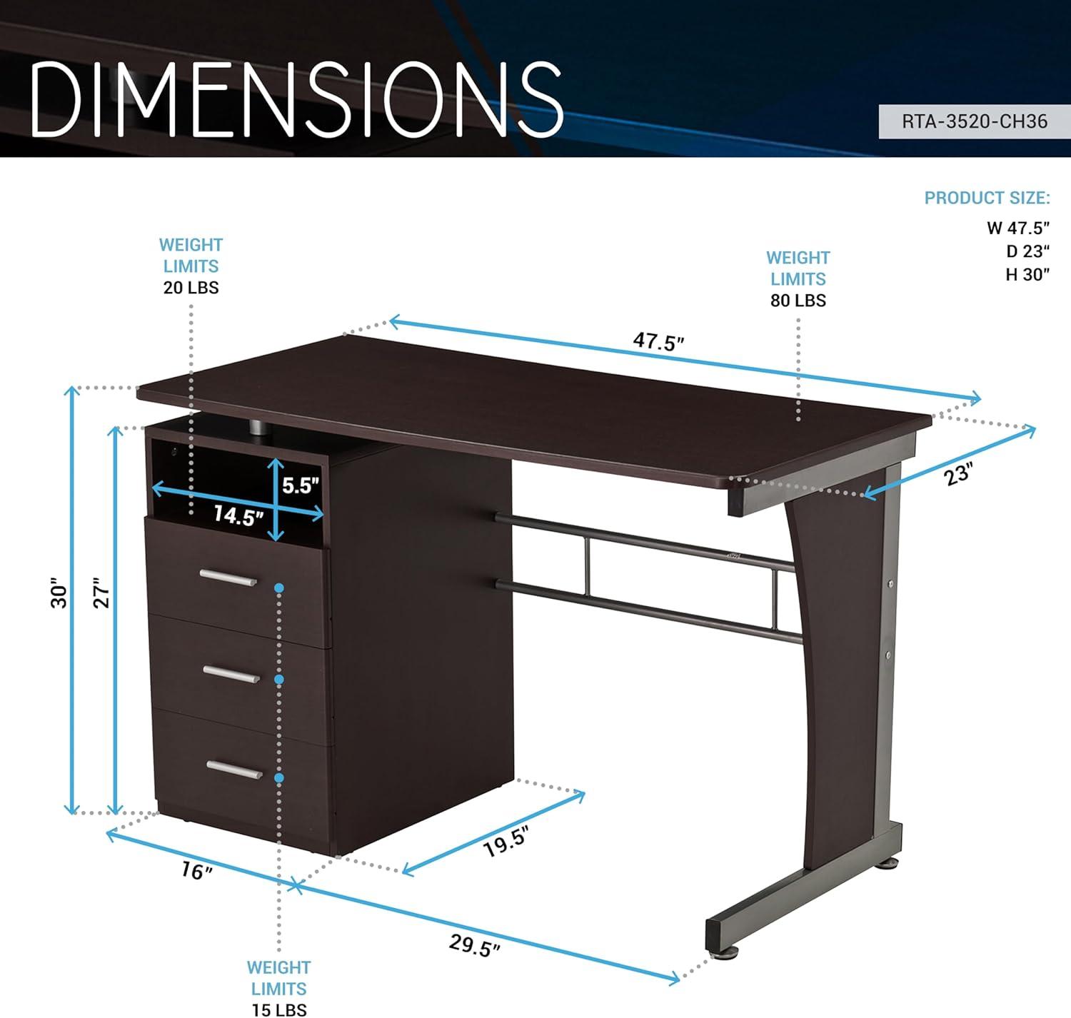 Techni Mobili 48 in Computer Desk with Storage, Chocolate RTA-3520-CH36