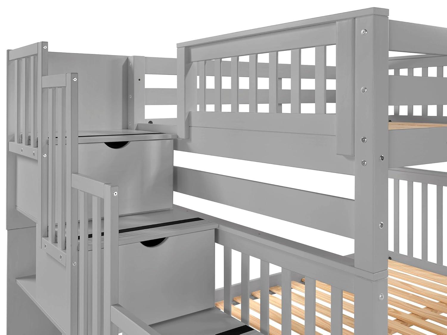 Bedz King Stairway Bunk Beds Full over Full with 4 Drawers in the Steps and a Full Trundle, Gray
