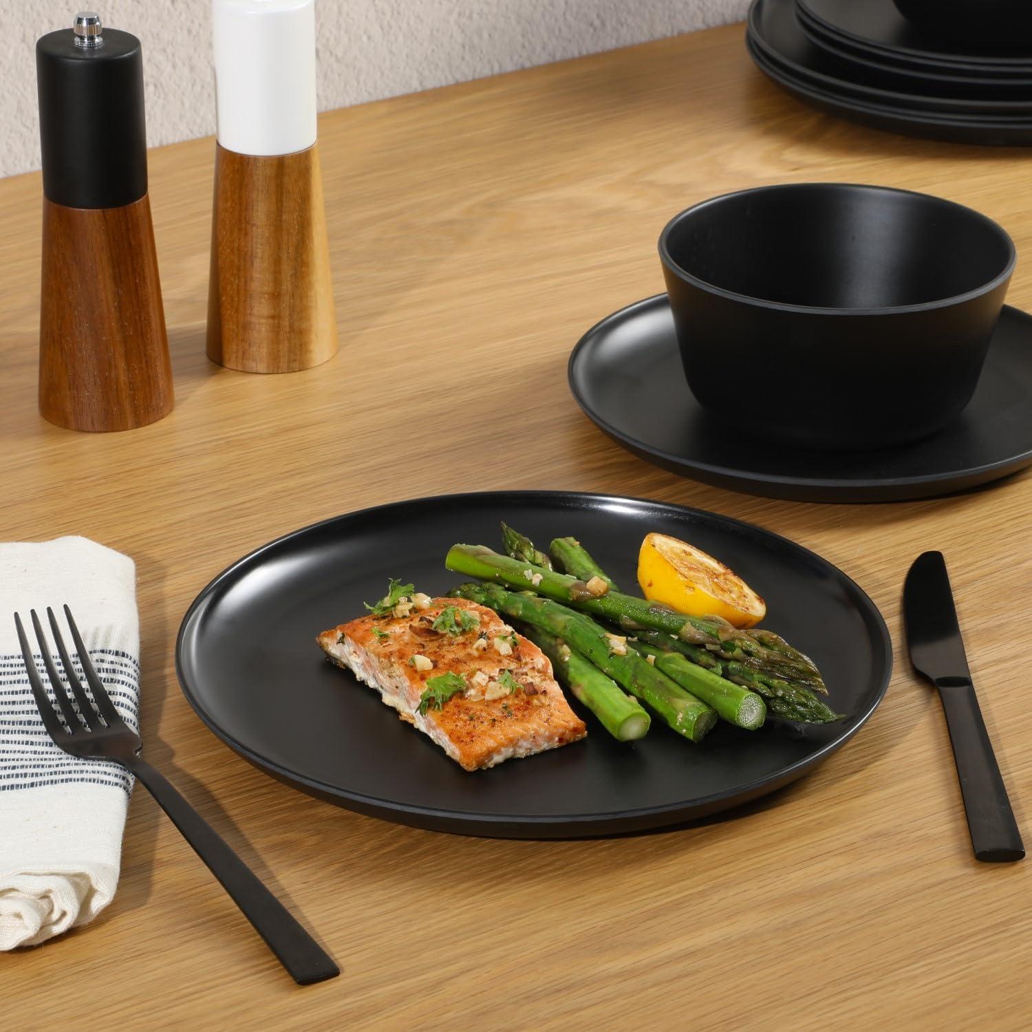 Matte Black Melamine 12-Piece Dinnerware Set for 4