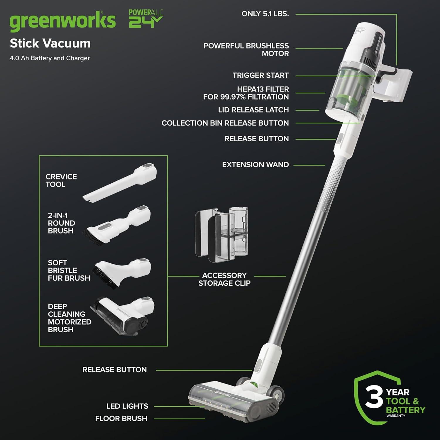 Greenworks 24V Brushless Cordless Stick Vacuum, Lightweight, Handheld, Pet, Anti-Allergen HEPA Filtration, Hard Floor, Carpet, Car, 4Ah Battery, and 30-Minute Charge Time (White)