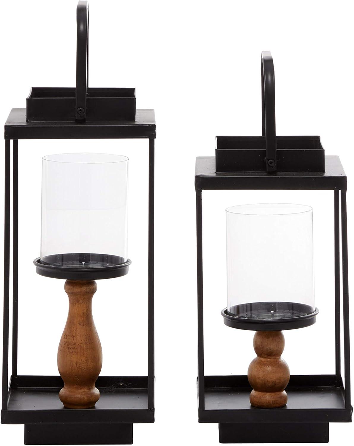 Rustic Black Iron and Wood Lantern Candle Holders, Set of 2