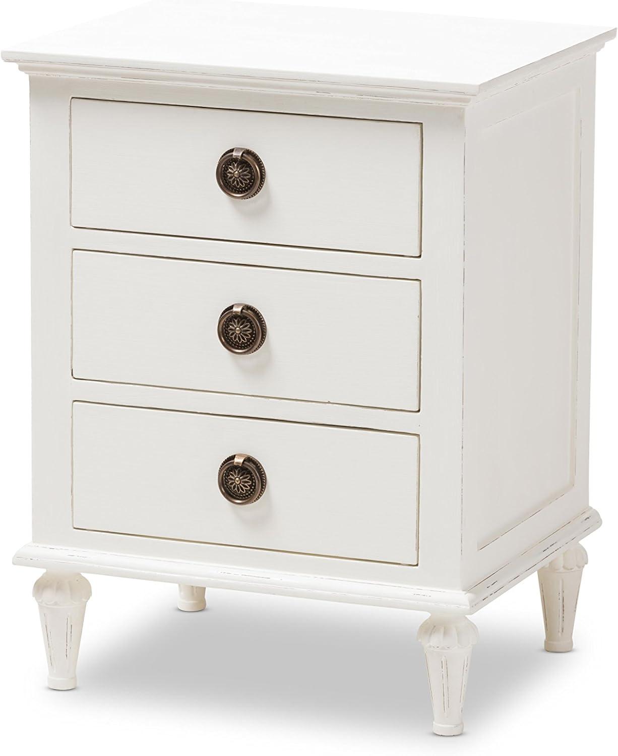 Whitewashed Mindi Wood 3-Drawer Nightstand with Bronze Hardware