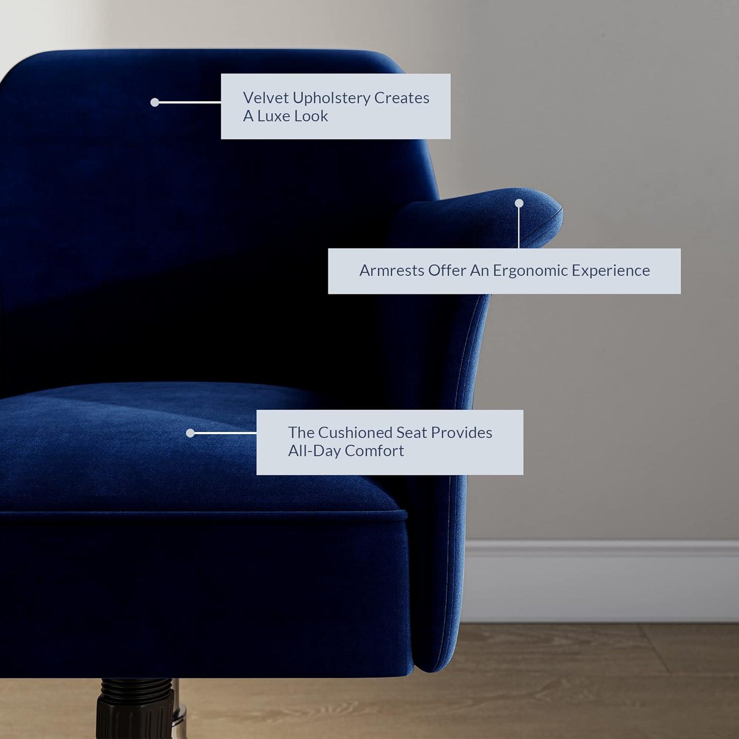 BELLEZE Modern Upholstered Velvet Desk Chair, Rolling Swivel Office Or Vanity Seating, Stylish Comfy Armchair With Easily Adjustable Height - Peyton (Blue)