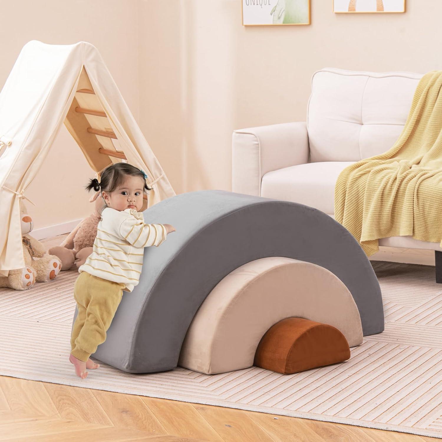 OLAKIDS Climbing Toys for Toddlers, 3pc Foam Climbing Blocks Rainbow Shaped Indoor Play Set, Soft Equipment Modulars Rainbow Crawling Tunnel Playroom Couch for Children Playroom Baby
