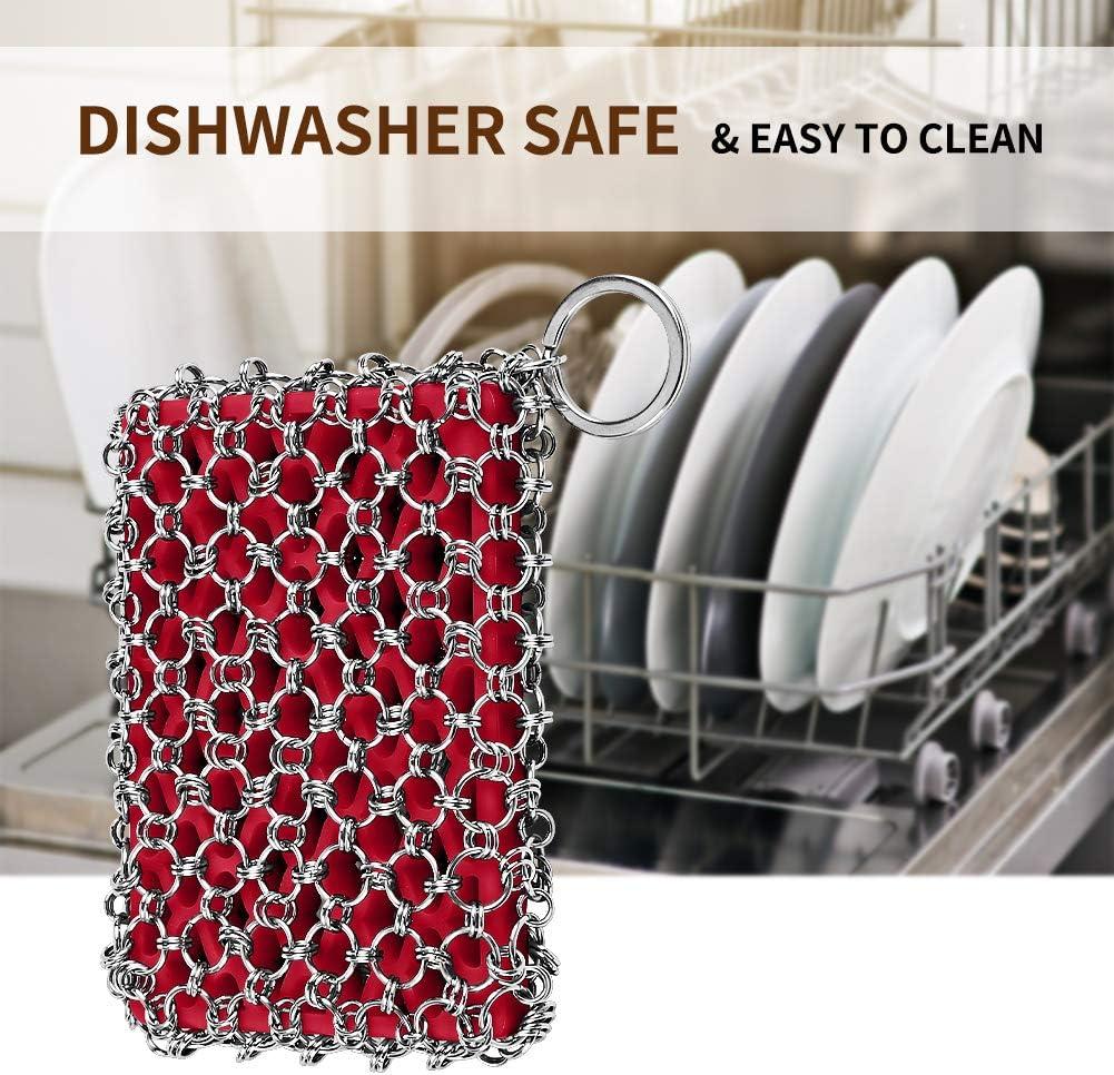 Red Silicone and Stainless Steel Chainmail Cast Iron Scrubber