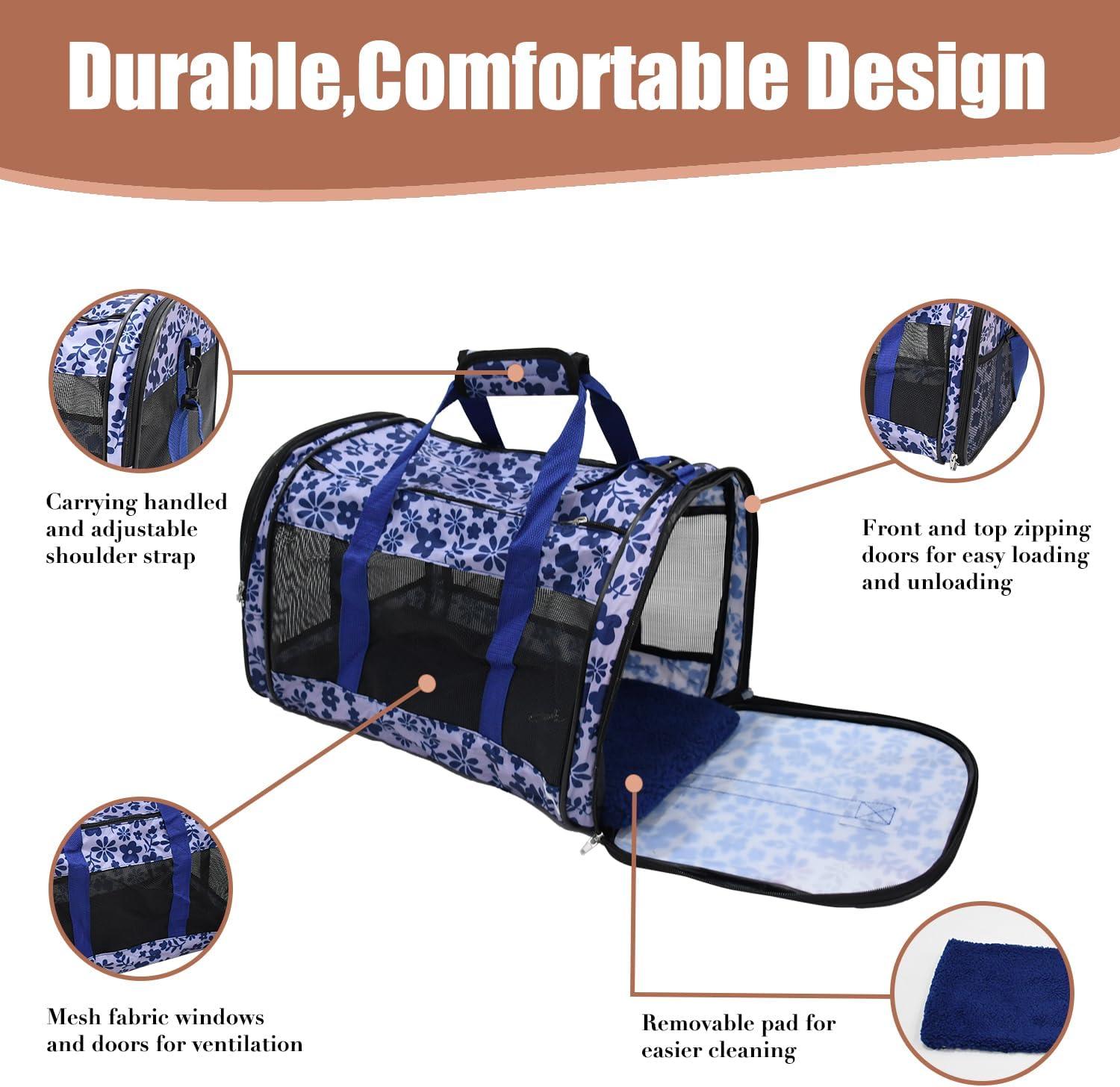 ZAKAPAWS Soft-Sided Kennel Pet Carrier for Small Dogs, Cats, Puppy, Airline Approved Cat Carriers Dog Carrier Collapsible (Floral Print Blue, 19" L x 11" W x 11" H)