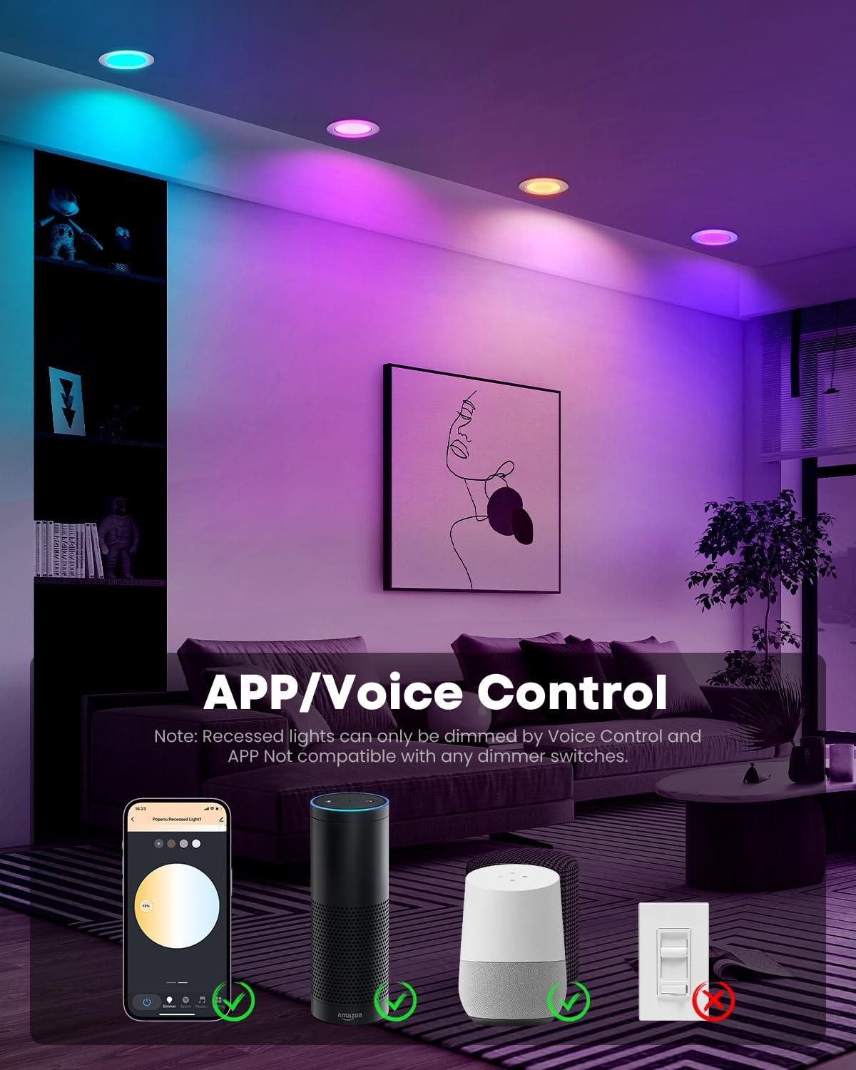 LEDVANS 4 Inch Smart Recessed Light, Color Changing Rgbcw, Voice Control (Set of 4) F-80425