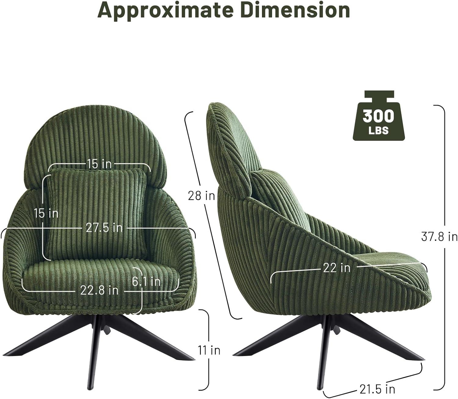Furniliving Swivel Accent Chair with Pillow Corduroy Comfy Lounge Chair Lazy Chair for Living Room/Bedroom, Green