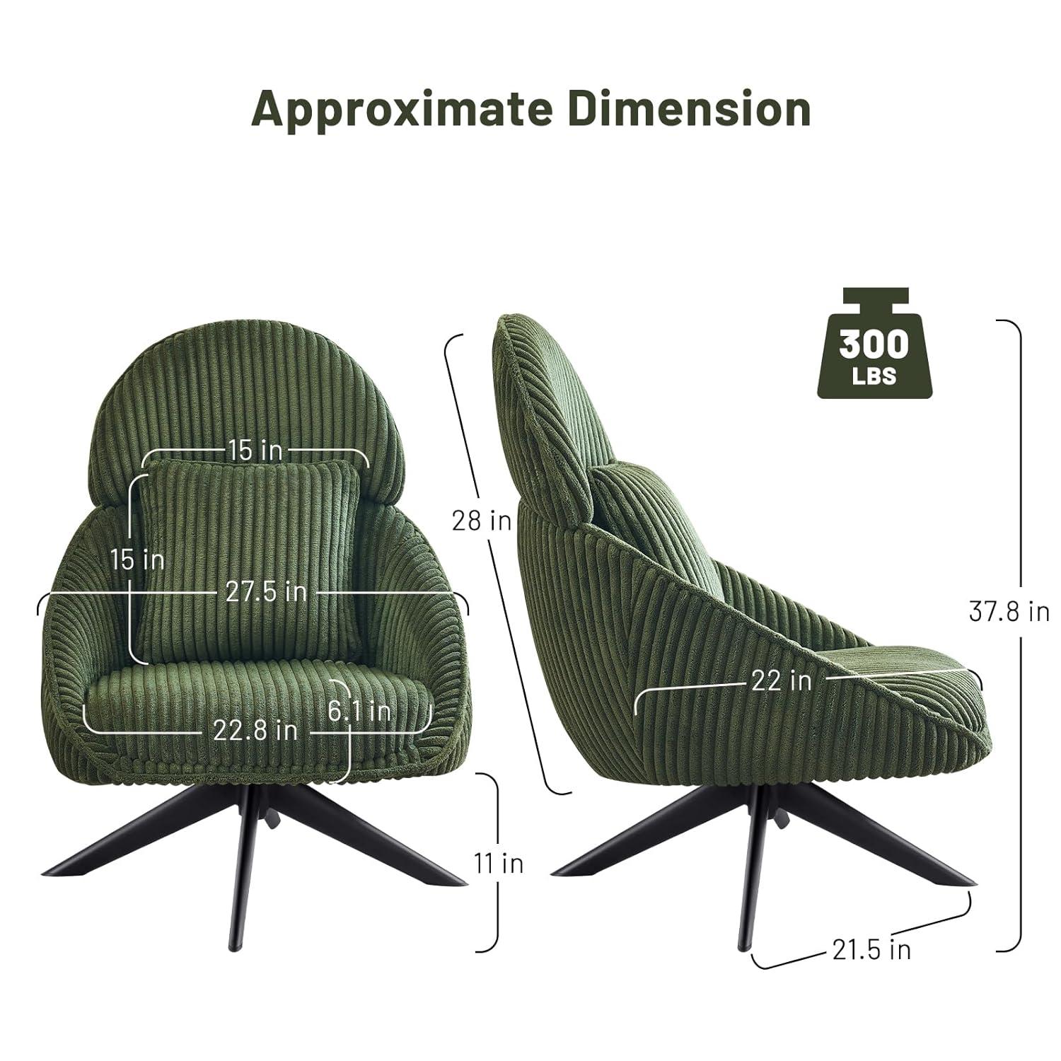 Furniliving Swivel Accent Chair with Pillow Corduroy Comfy Lounge Chair Lazy Chair for Living Room/Bedroom, Green