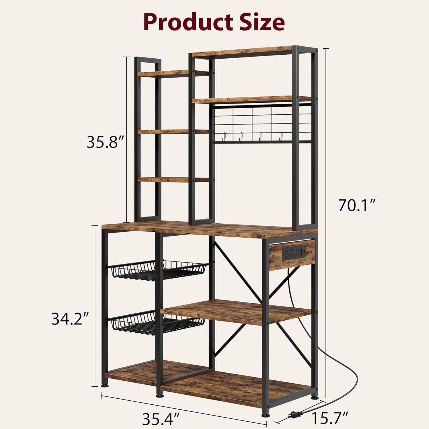 Bakers Rack with Power Outlet, Microwave Stand with 2 Wire Drawer, Industrial Coffee Bar Station, 7-Tier Kitchen Bakers Rack with Large Storage for Spice, Pots Organizer