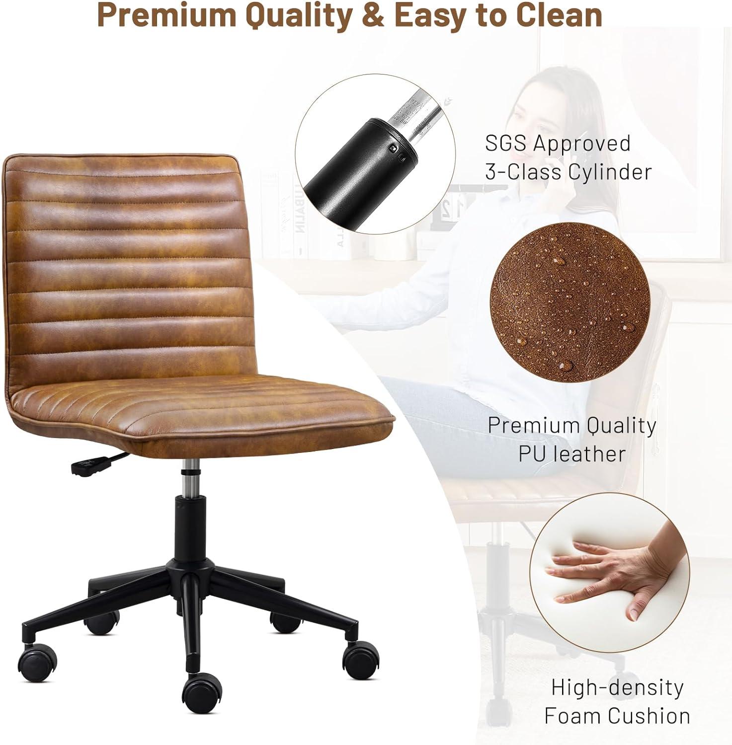 Dustyellow Leather Armless Swivel Task Chair with Black Base