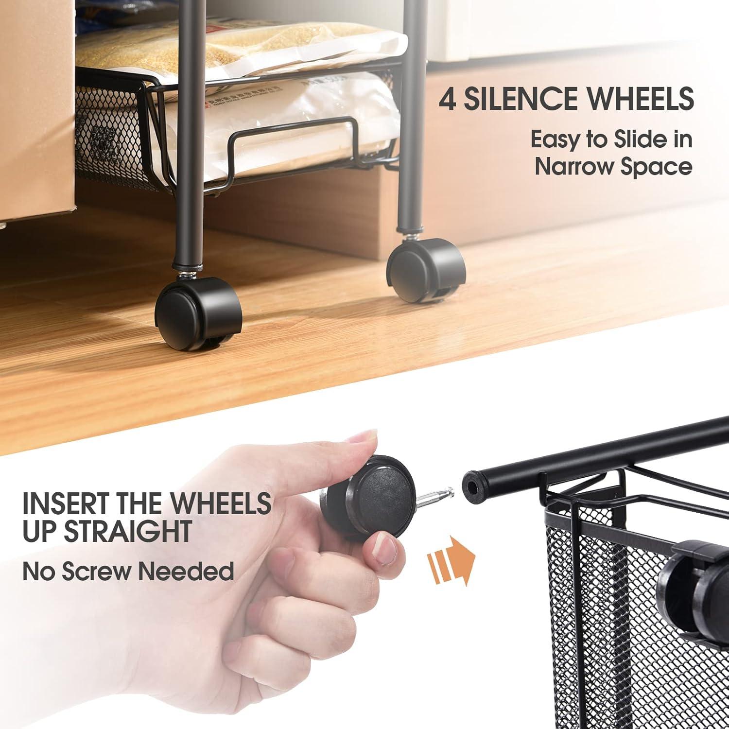 KINGRACK 4-Tier Slim Rolling Cart,Metal Utility Cart,Slide Out Storage Cart with Wooden Tabletop and Mesh Baskets for Narrow Space on Kitchen Bathroom Laundry Room Bedroom Apartments Dormitory, Black