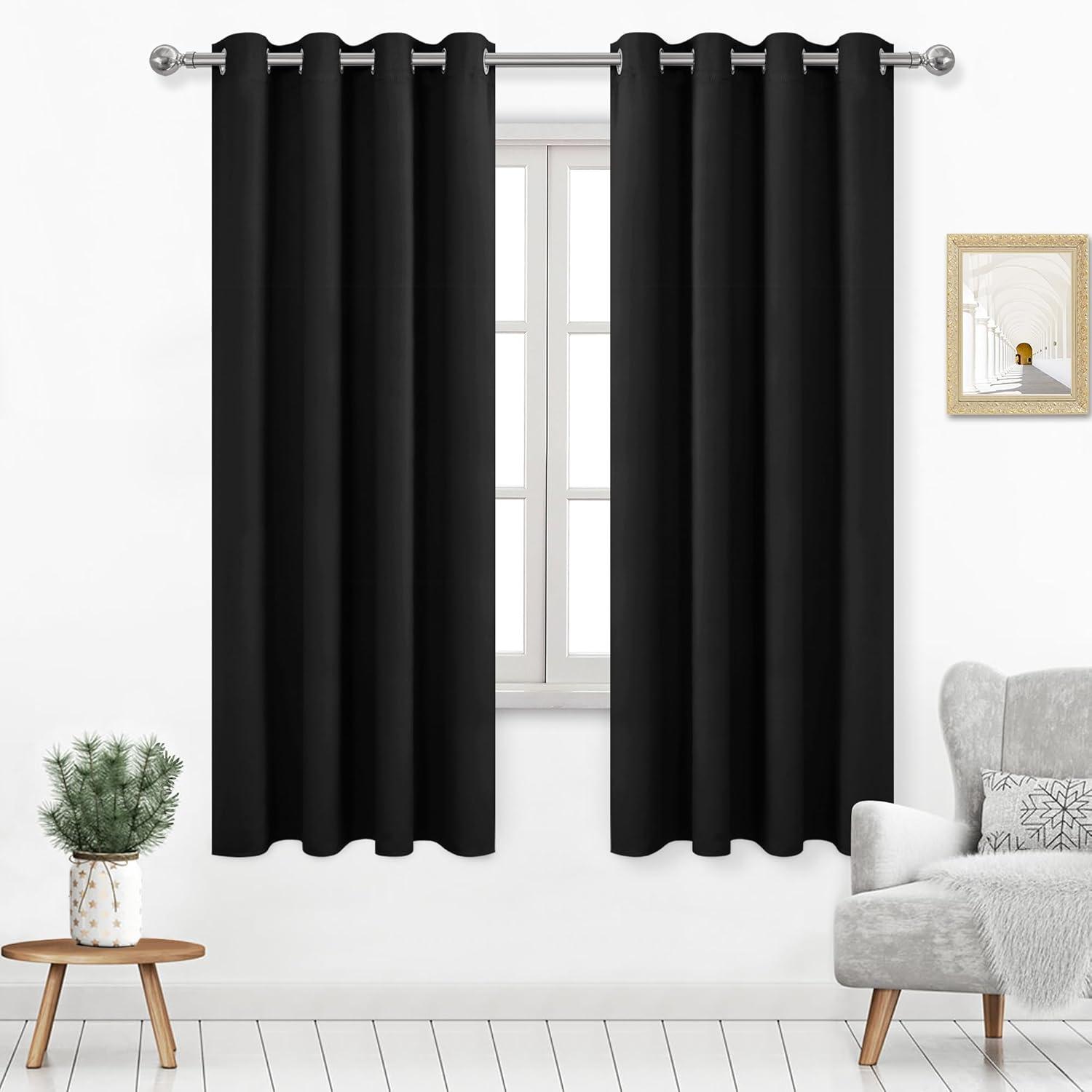 Coodeto Short Blackout Curtains Black, Set of 2, W52 x L63 - Blackout Curtains for Kitchen and Kids Bedroom