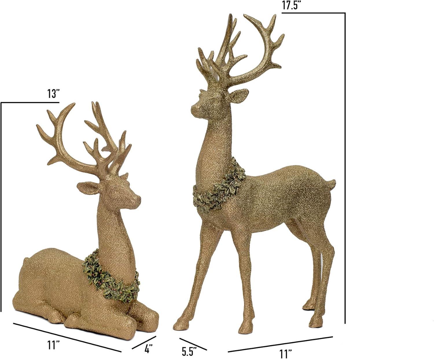 Gold Resin Winter Deer Statues Set of 2