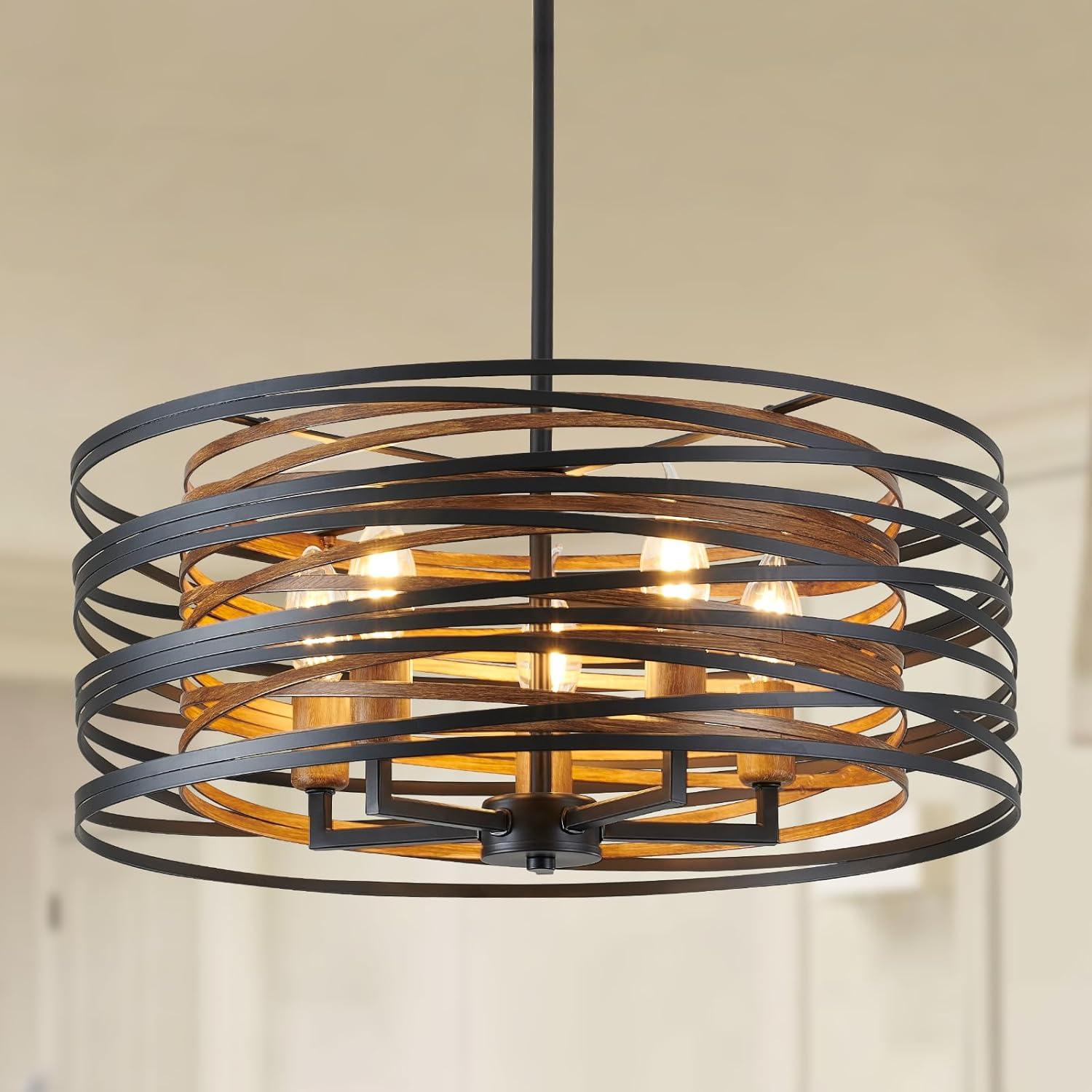 Dining Room Lighting Fixture, 5-Light Farmhouse Black Chandelier Drum Light, Round Metal with Retro Wood Texture Interior, E12 Bulbs Not Included