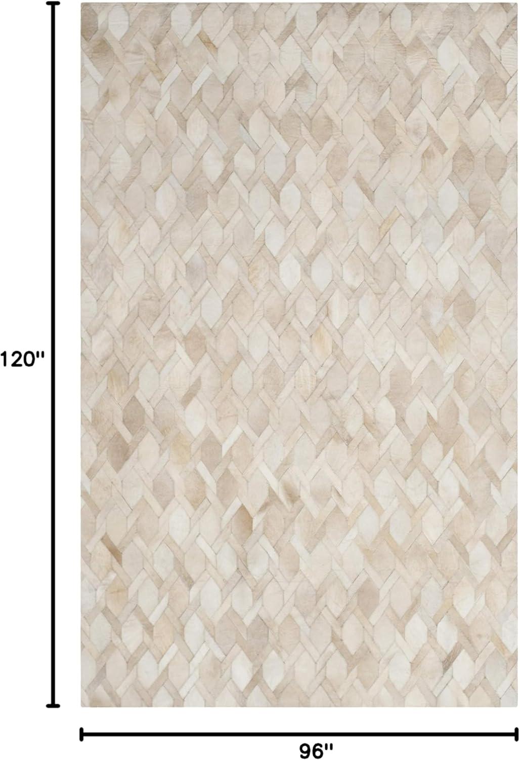 Ivory Geometric Handmade Wool and Cowhide Area Rug