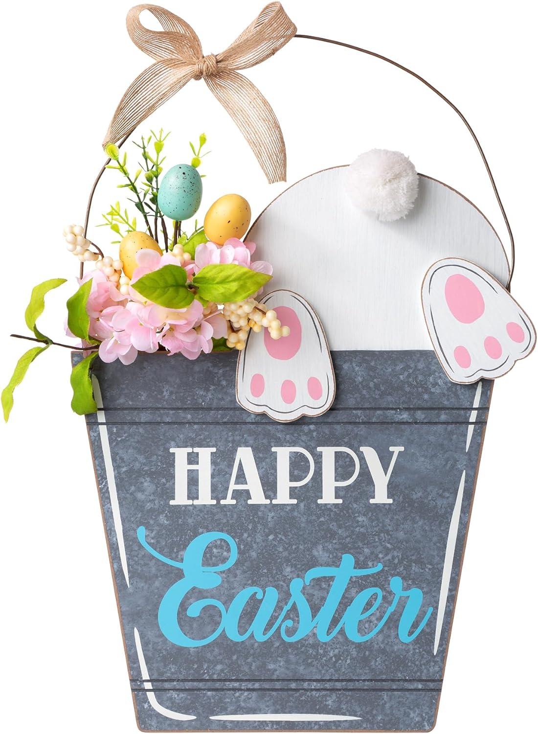 Glitzhome 18 Inch Wooden Easter Bunny Hanging Decoration,"Happy Easter" Rabbit Welcome Sign wood Bunny Eggs Easter Decorations for Door Home Garden Spring Party