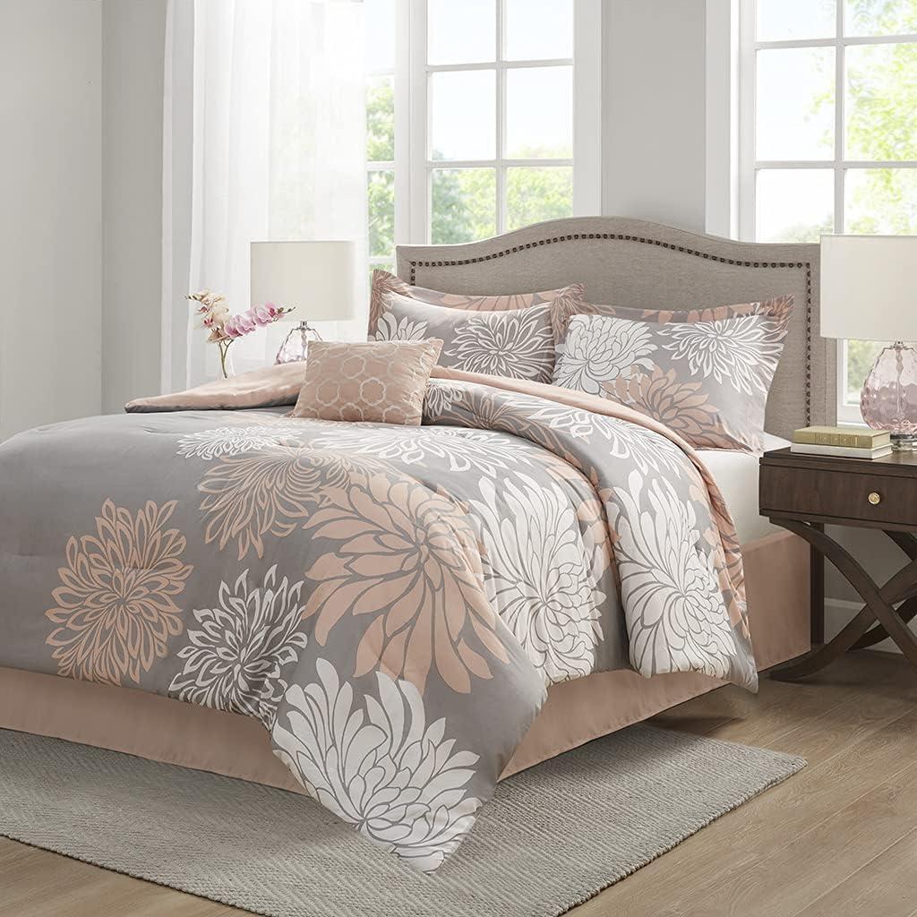 Comfort Spaces King Size Comforter Set, 5-Piece Floral Bedding Set for All Season, Blush King Comforter Set with Bed Skirt