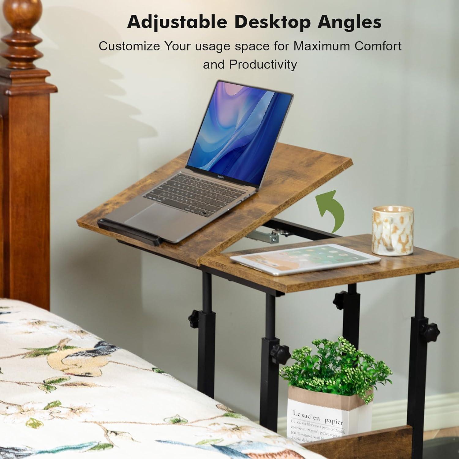 Hadulcet Adjustable C Table with Charging Station, Tiltable Desk C Shaped End Table for Couch, Over Bed Table with Wheels Adjustable Height, Hospital Table Laptop Stand Drawing Desk, Rustic Brown