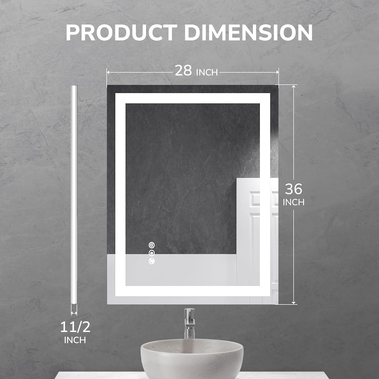 USHOWER 28x36 Inches LED Lighted Bathroom Mirror - Frontlit & Backlit, Anti-Fog, Adjustable Brightness and Color - Safety Tempered Glass Vanity Mirror