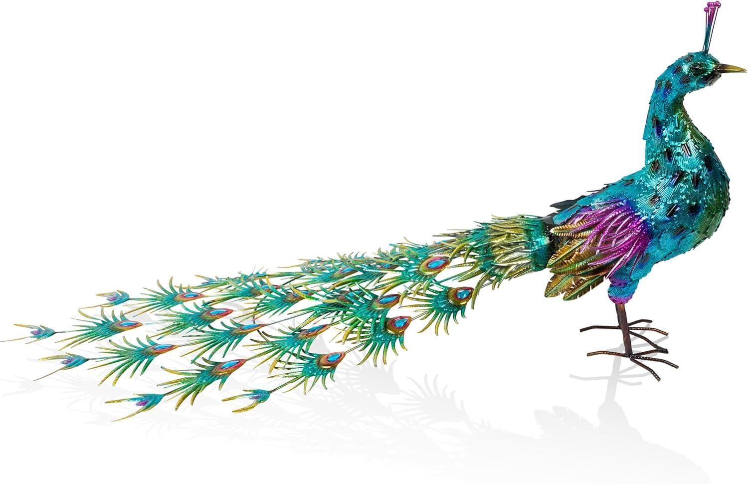 Alpine Corporation Jumbo Size Blue Majestic Tail Down Peacock Décor: 53"L Iron Garden Statue