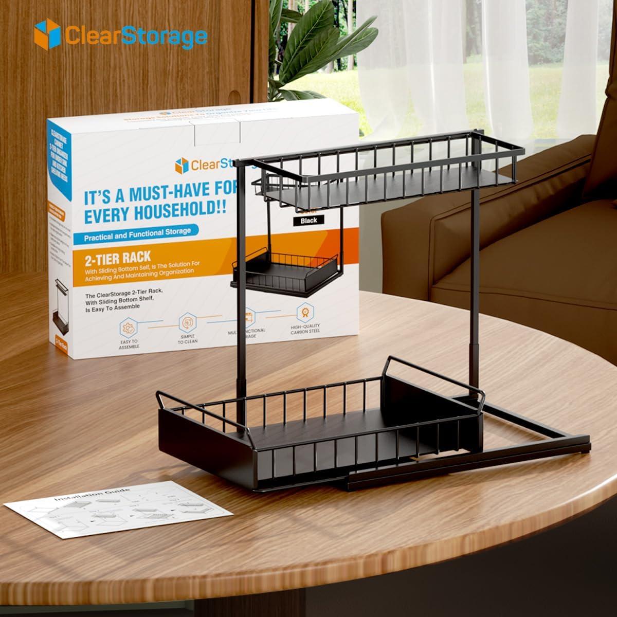 Under Sink Organizers and Storage, 2 Tier, L Shaped, Pull out sliding, Adjustable Under Sink Organizer for Kitchen Bathroom Cabinet Counter Organizer with Non-Slip Feet undersink organizer (BLACK)