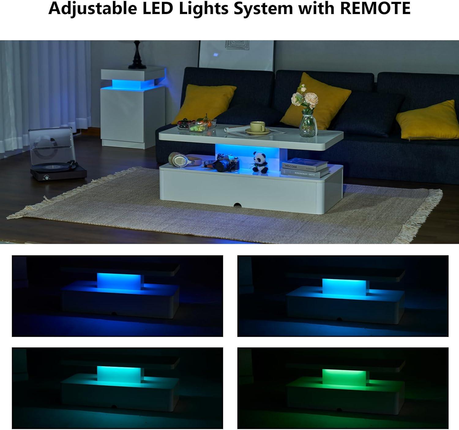 Oneinmil Modern Stylish Coffee Table with 16 Colors LED Lights, Double-Layer Design for Living Room, White High Gloss Acrylic