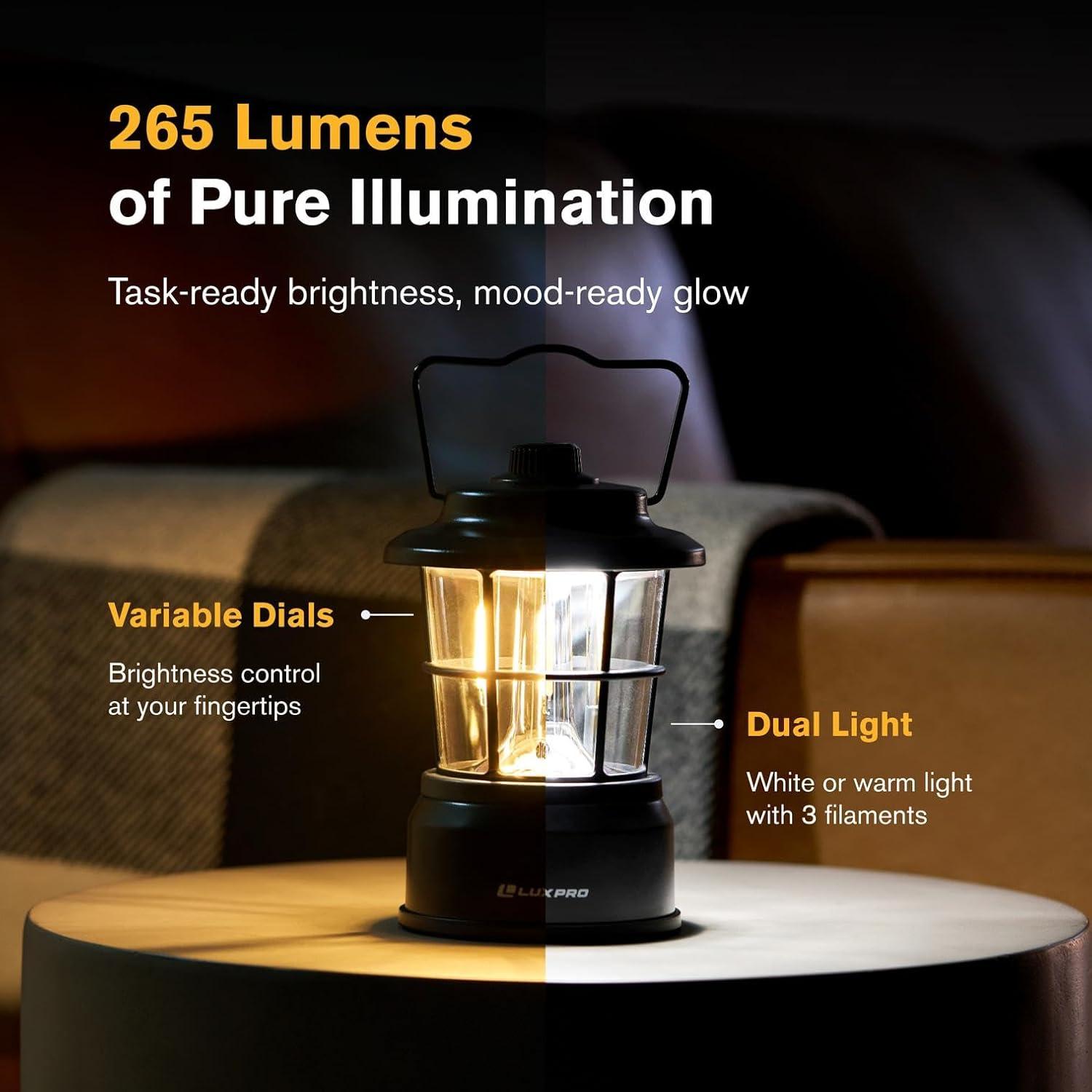 LUXPRO LP1535 265 Lumen Retro LED Lantern - Battery-Powered Emergency Lantern - LED Lamp for Power Outages, Emergency Kit, or Survival Pack - Black