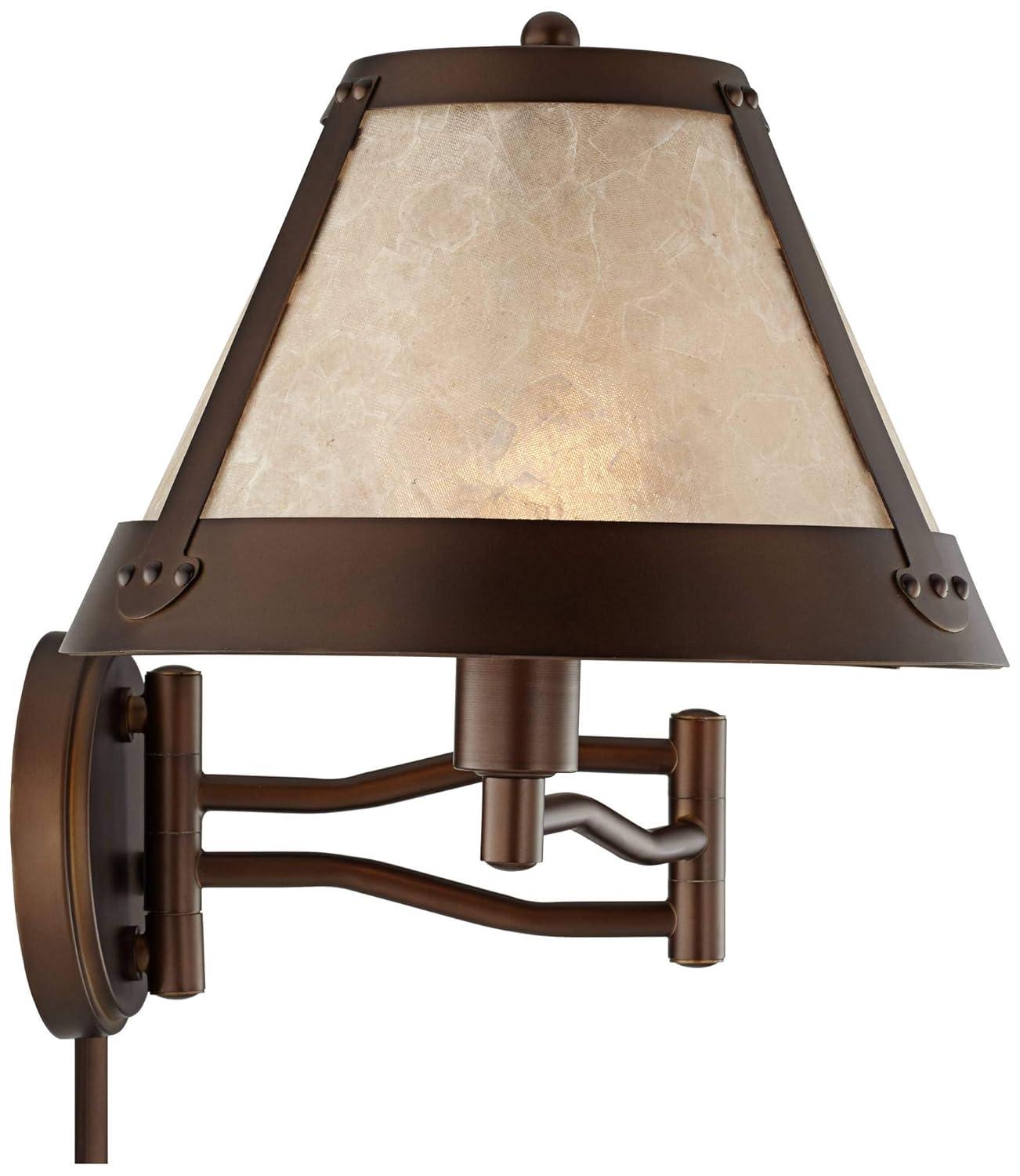 Franklin Iron Works Samuel Rustic Farmhouse Swing Arm Wall Lamp Bronze Plug-in Light Fixture Natural Mica Shade for Bedroom Bedside Living Room House