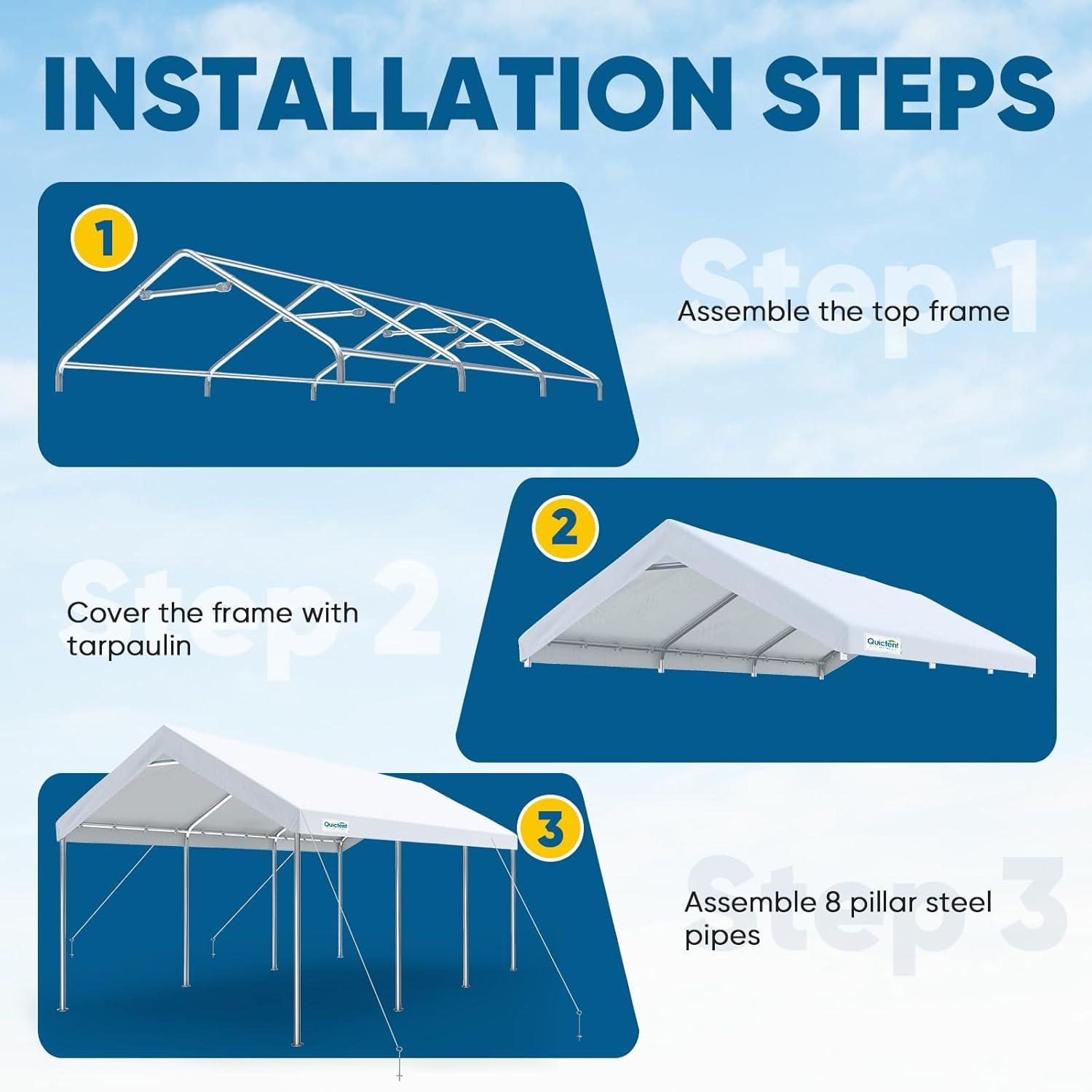 Quictent 10X20ft Upgraded Heavy Duty Carport Car Canopy Party Tent with Reinforced Steel Cables-White