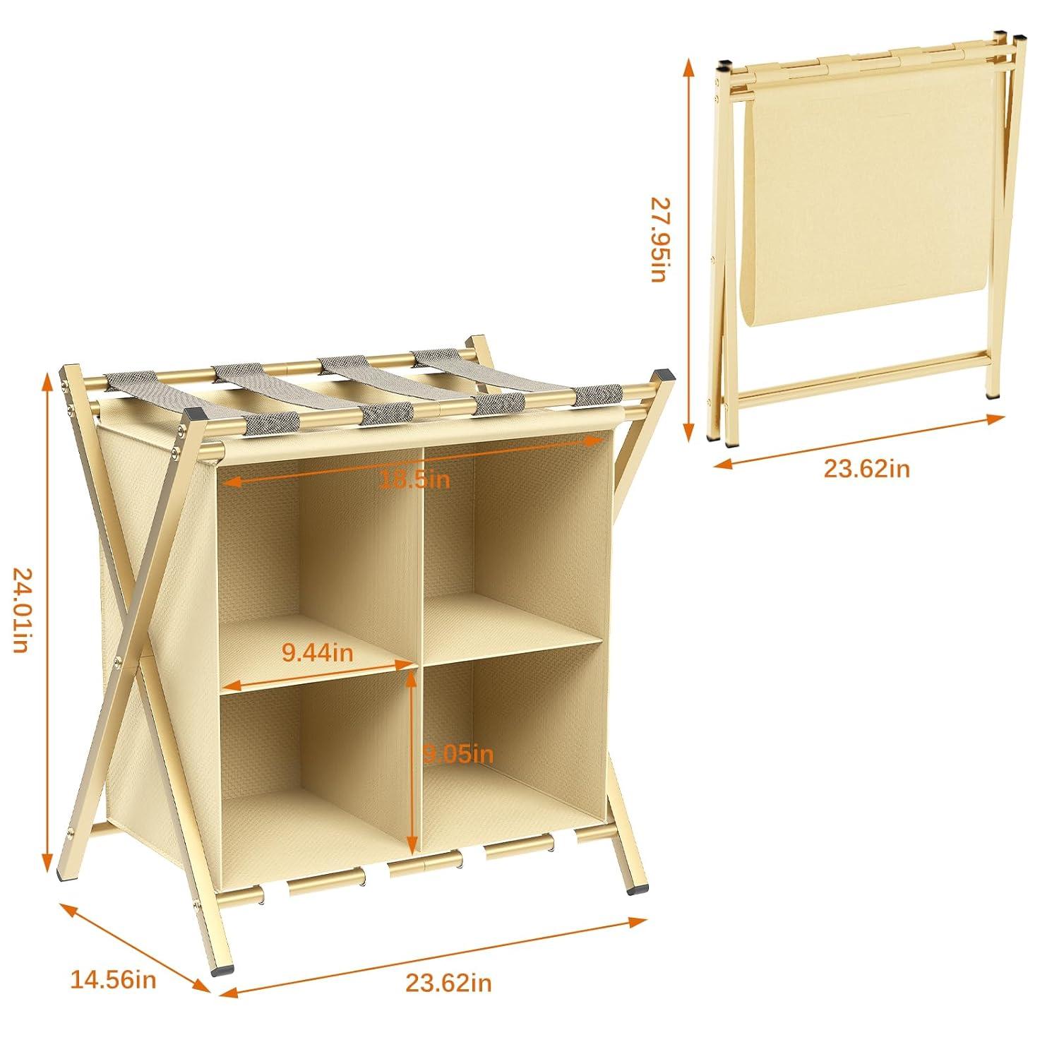 aboxoo Luggage Rack with storage, Guest Room Folding Suitcase Stands, Holds up to 120 lb, Space Saving Suitcase Holders for guest room, Bedroom Hotel, Gold