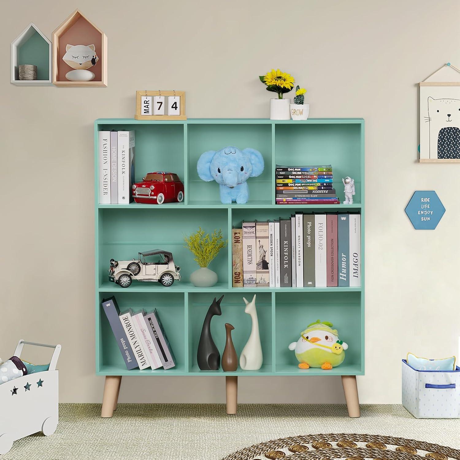 Satiny 7 Cube Bookshelf 3-Tier Bookcase with Legs, Mint-Green Kids Book Shelf Cute Storage Organizer, Toy Shelves Bookshelves,Wood Display Bookcases