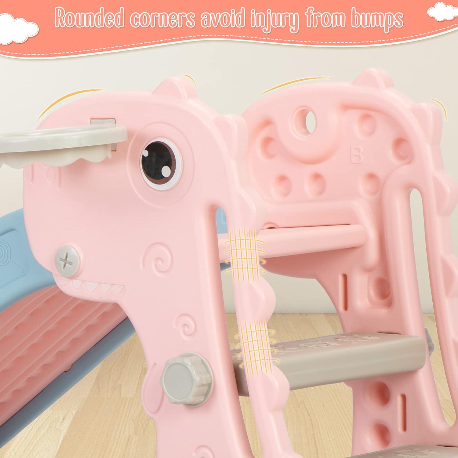 Nyeekoy 3 in 1 Foldable Toddler Large Slide w/ Climbing Ladder, Basketball Hoop, Indoor Outdoor Freestanding Playground for Kids