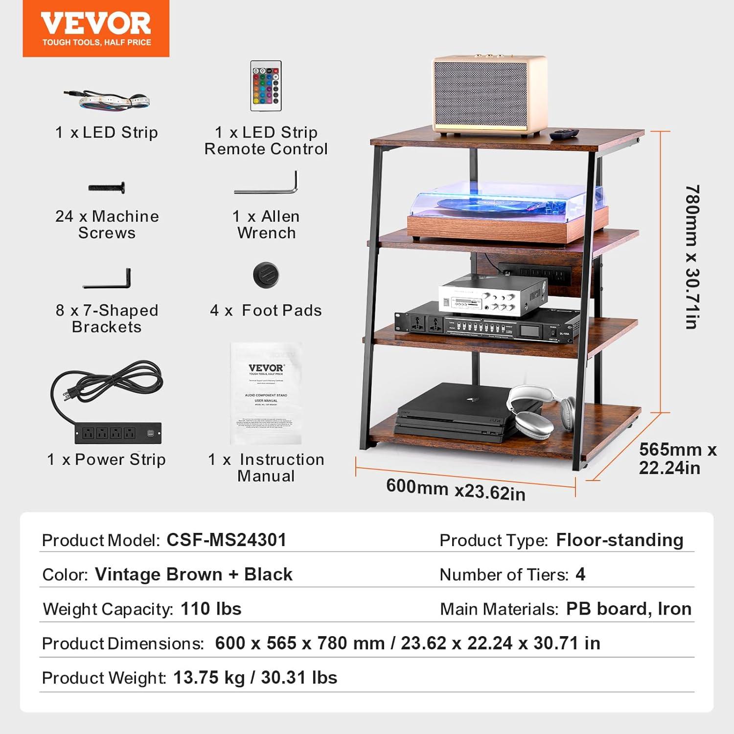 VEVOR 4-Tier AV Media Stand with Power Strips, Corner TV Stand with LED Lights, Height Adjustable Wooden Shelves