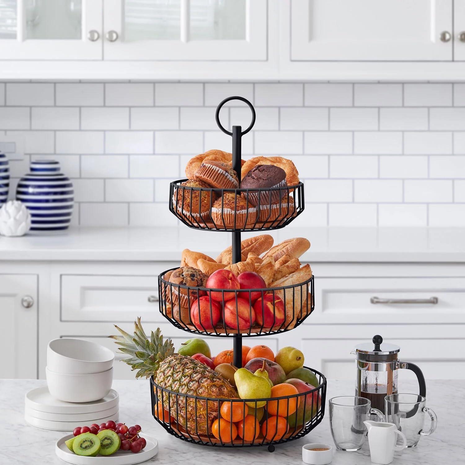 Black Iron and Wood 3-Tier Pedestal Basket Stand