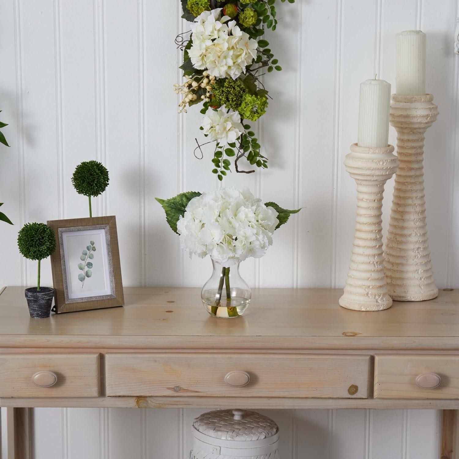 CloudSoft Hydrangea Outdoor Tabletop Arrangement with Glass Vase